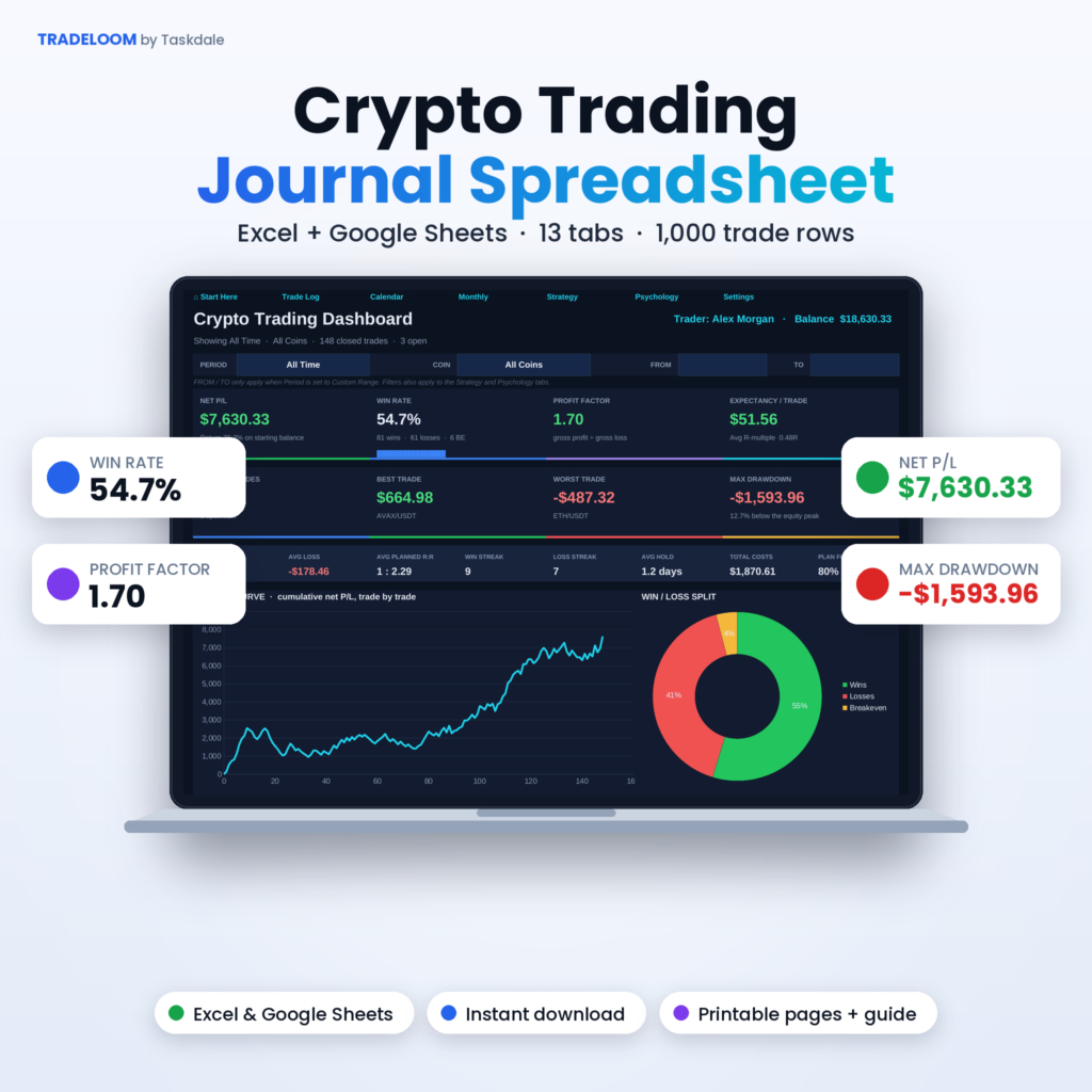 Crypto trading journal spreadsheet dashboard for Excel and Google Sheets