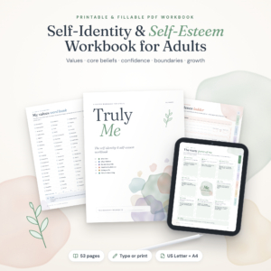 Truly Me self-identity and self-esteem workbook for adults, printable and fillable PDF pages with tablet mockup