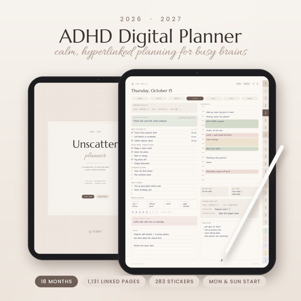 Unscatter ADHD digital planner 2026-2027 on iPad with daily page and cover