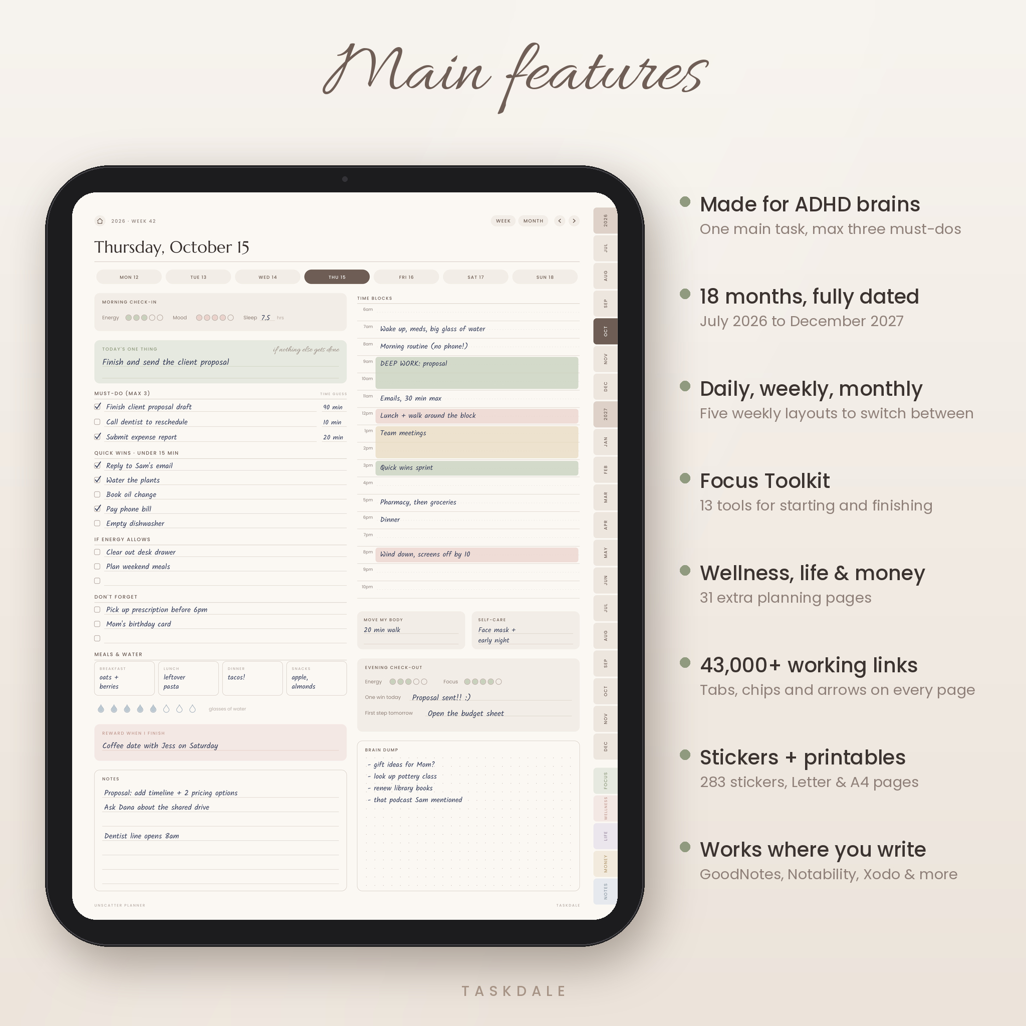 Main features of the Unscatter ADHD digital planner