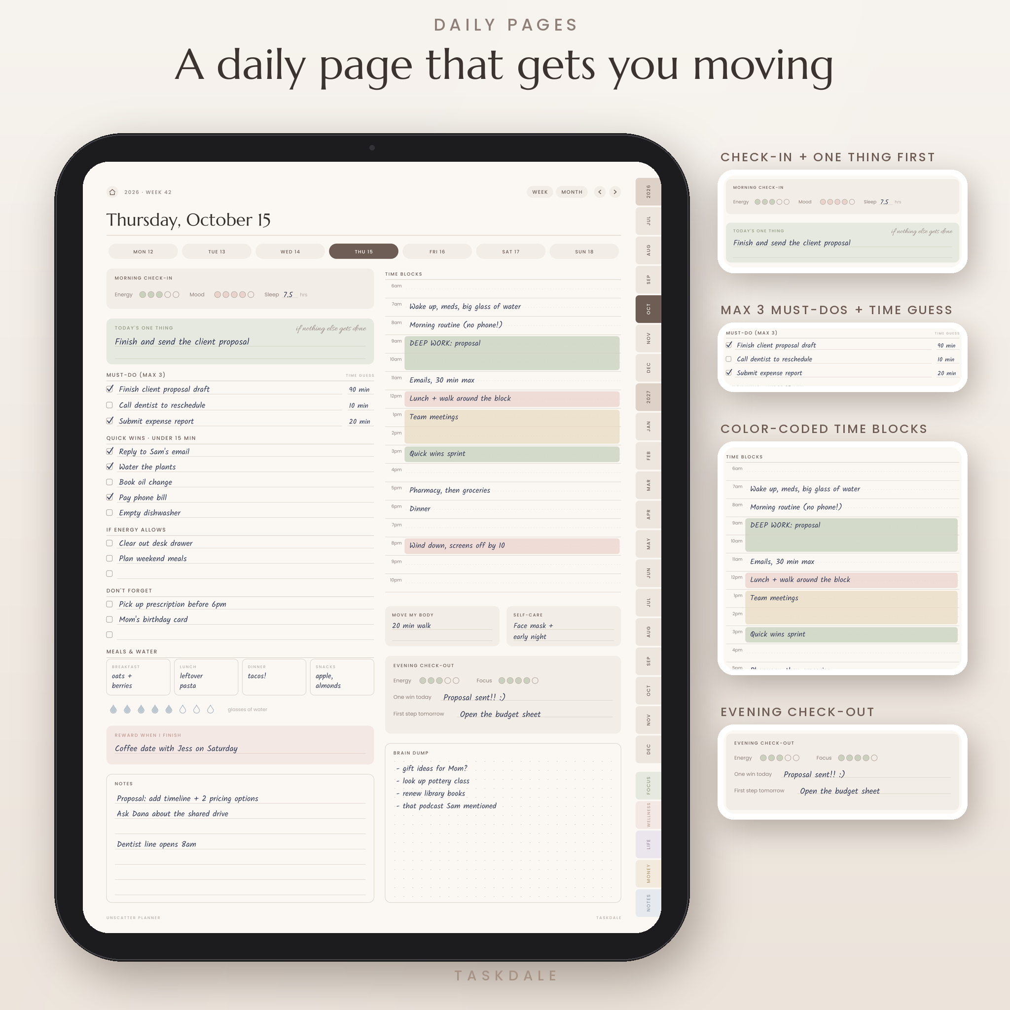 ADHD daily planner page with ONE thing, must-dos and time blocks