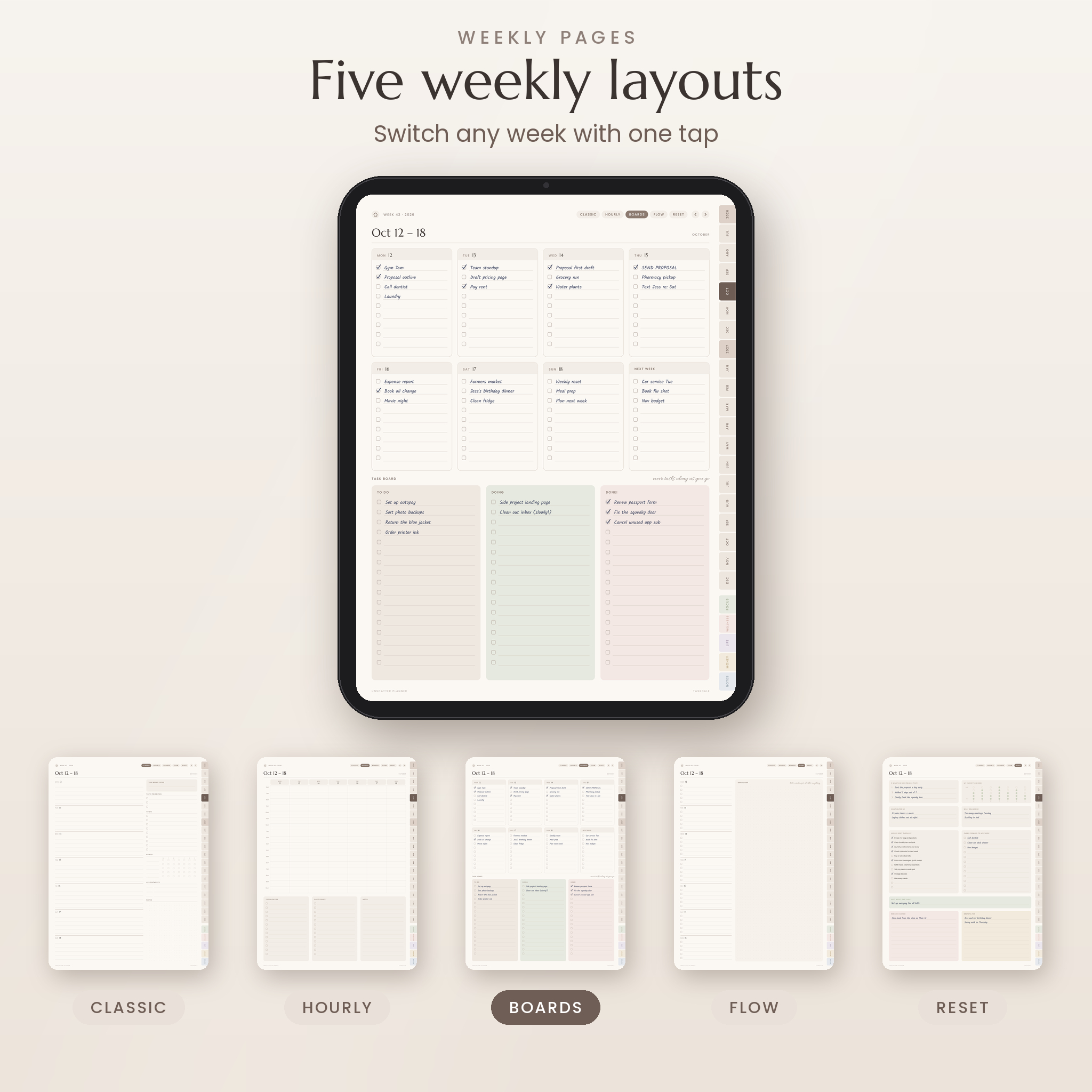 Five weekly layouts in the ADHD digital planner