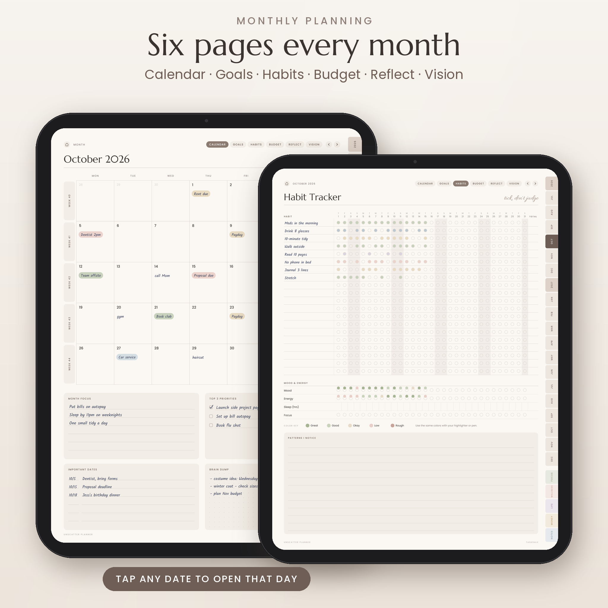 Monthly calendar and habit tracker pages