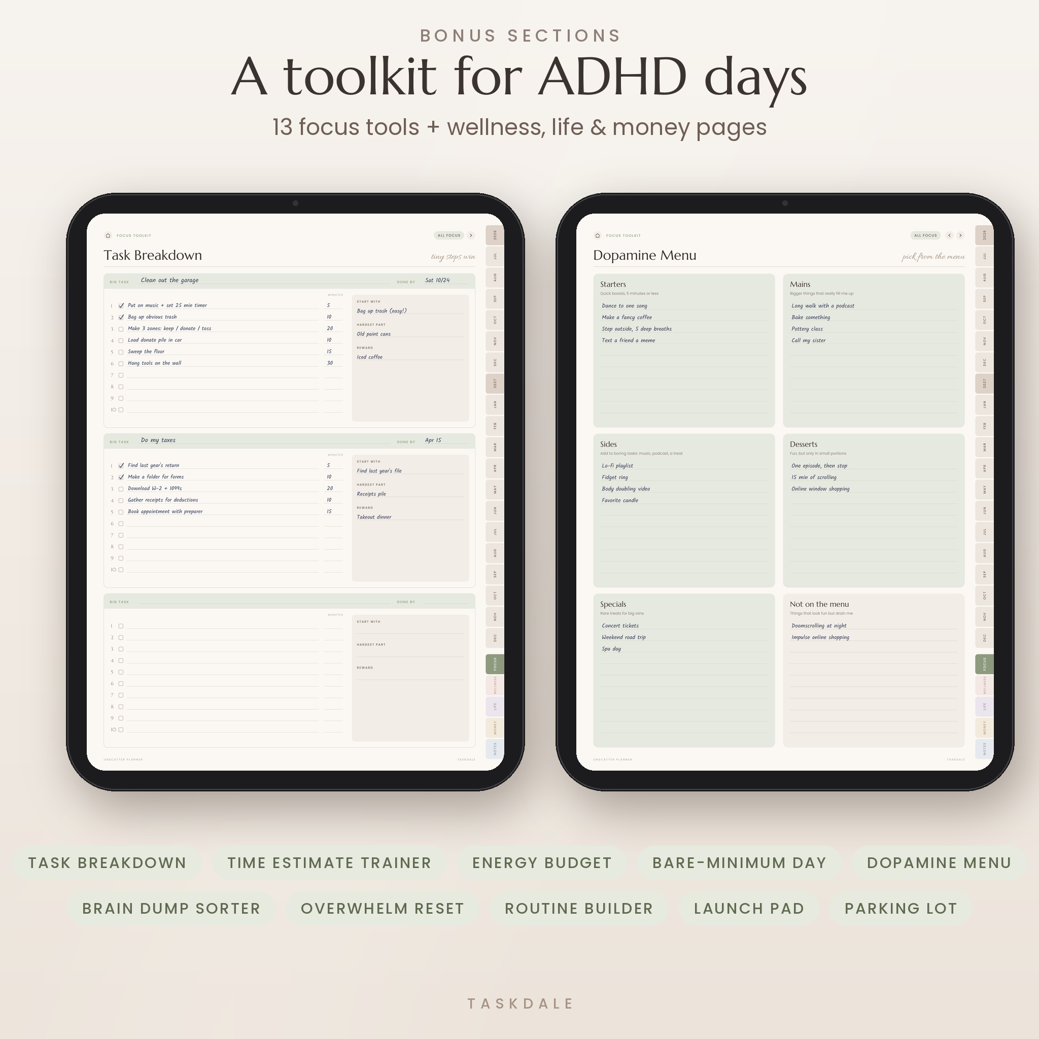 Focus Toolkit pages: Task Breakdown and Dopamine Menu
