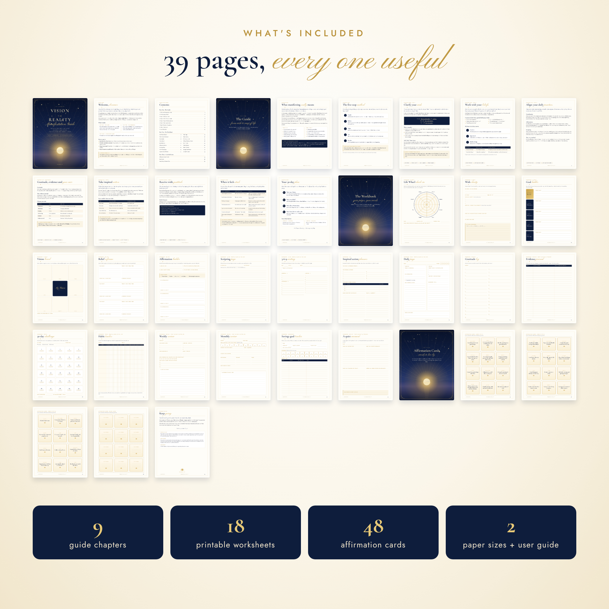 What's included in the Vision to Reality manifestation workbook, 39 pages