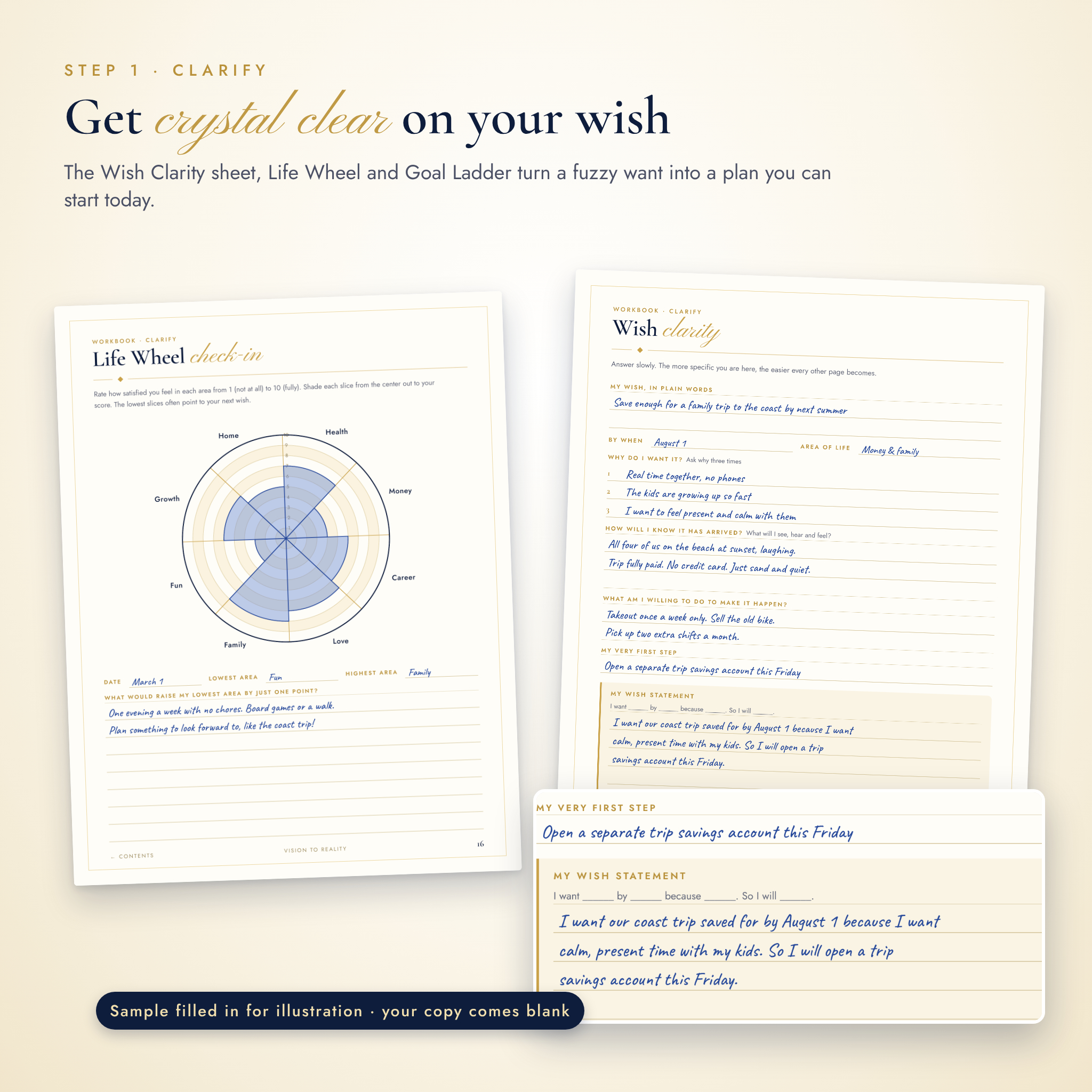 Wish Clarity and Life Wheel worksheets from the manifestation workbook
