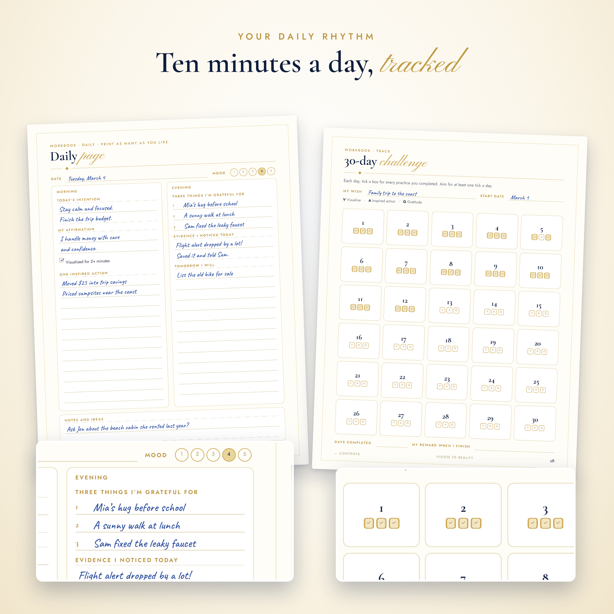 Daily Page and 30-day challenge tracker from the manifestation workbook