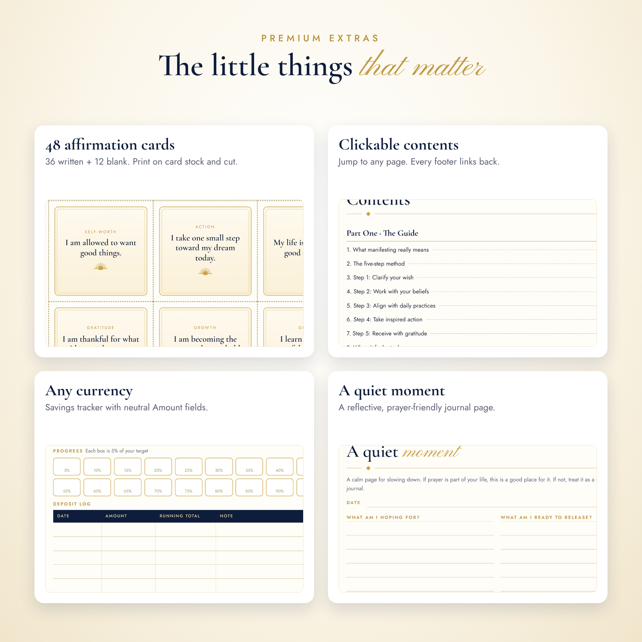 Affirmation cards, clickable contents, savings tracker and reflection page