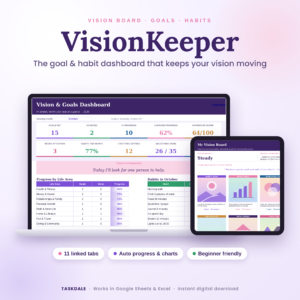 VisionKeeper vision board and goal tracker dashboard spreadsheet for Google Sheets and Excel