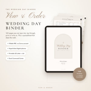 Vow and Order wedding day binder fillable PDF planner shown on a tablet with timeline and seating chart pages