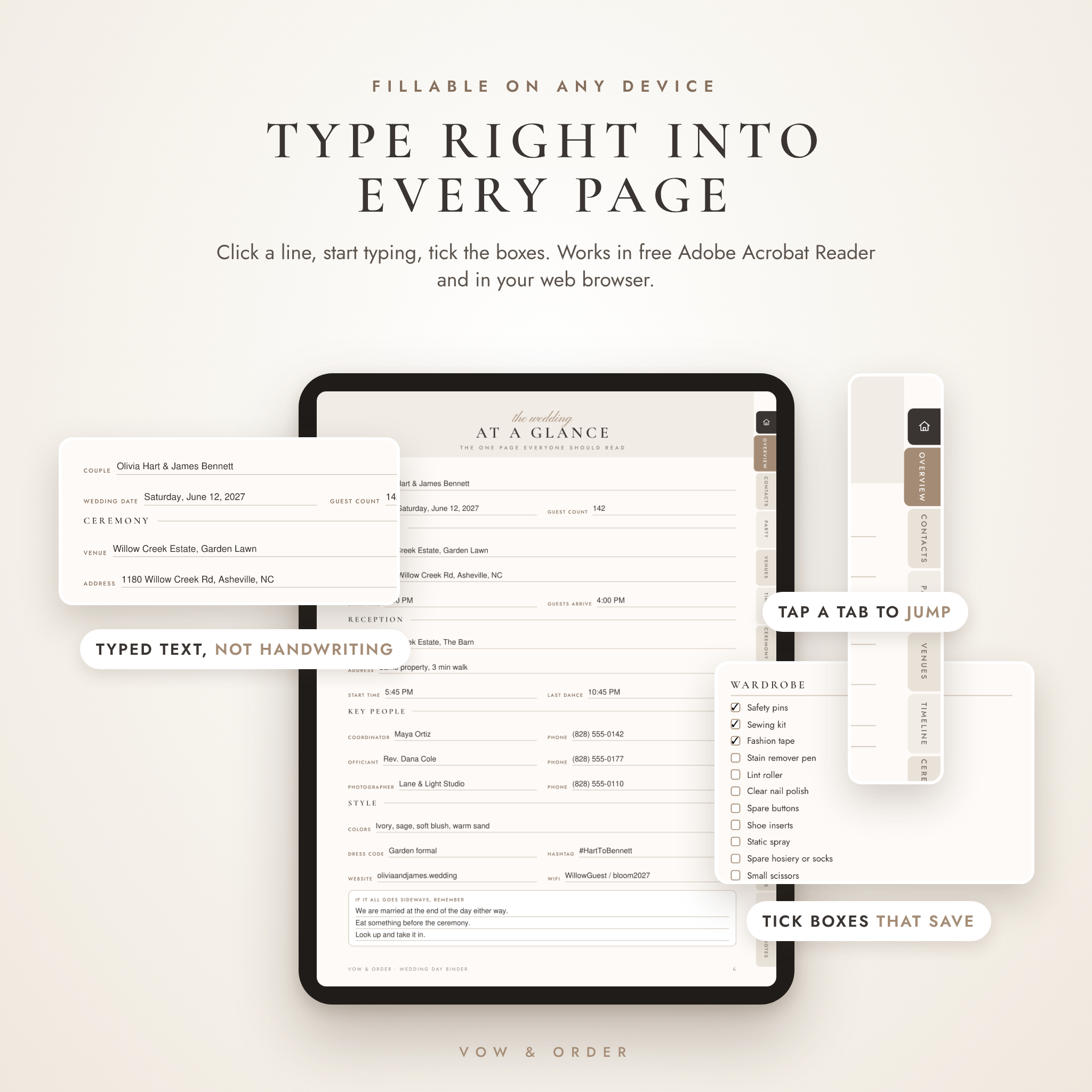 Fillable wedding planner At a Glance page with typed details, tick boxes and tab links