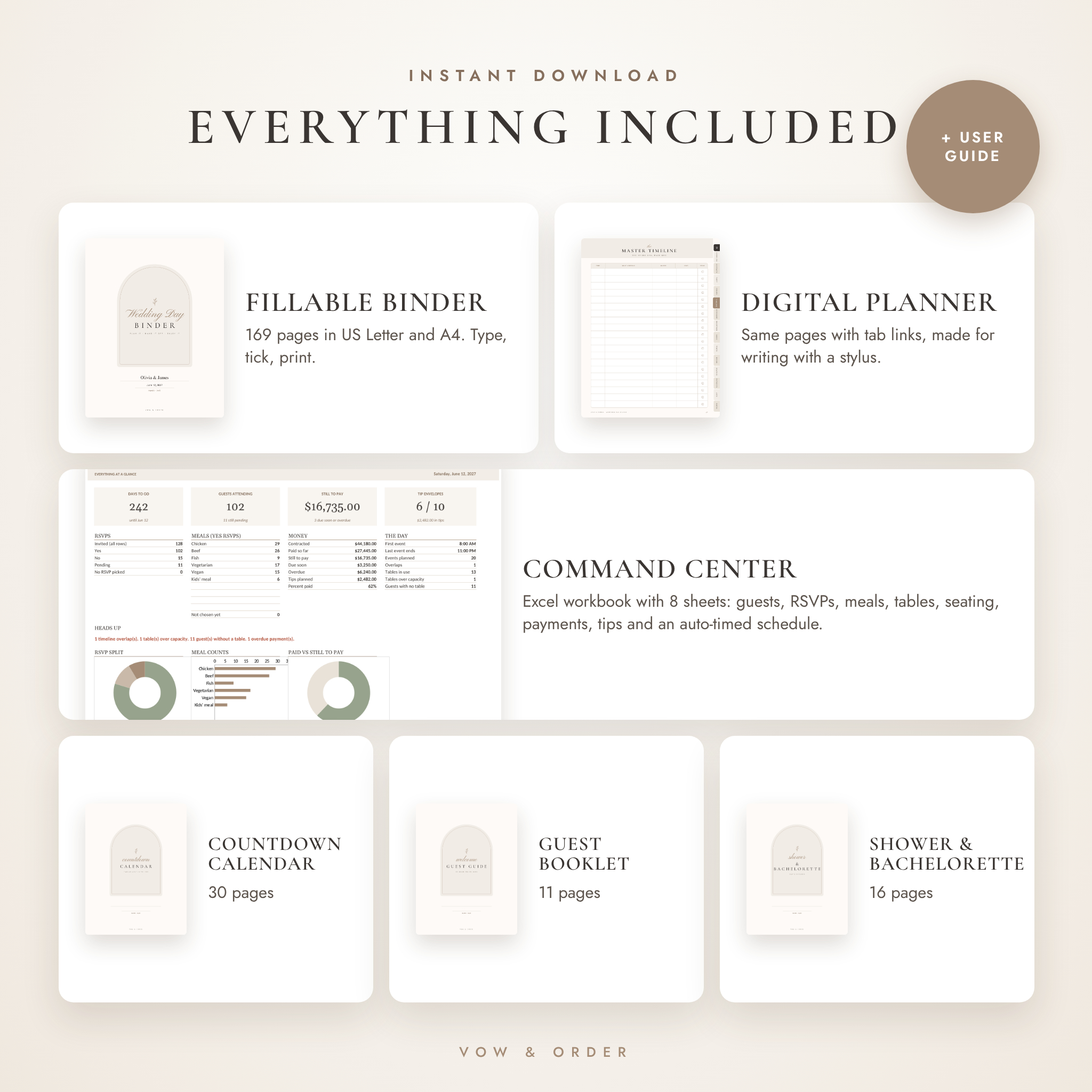 Everything included in the wedding day binder: fillable binder, digital planner, Excel command center and three bonus planners