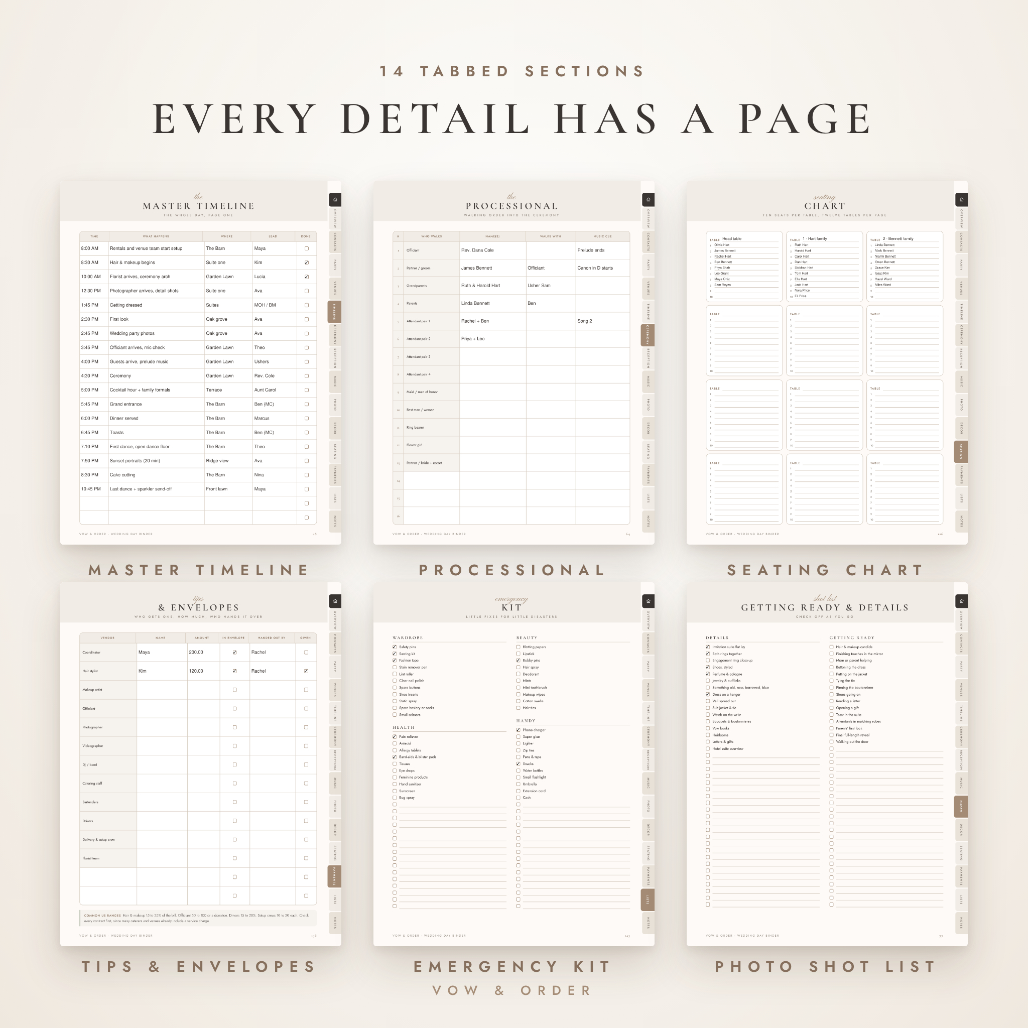Wedding binder pages: master timeline, processional, seating chart, tips and envelopes, emergency kit and photo shot list