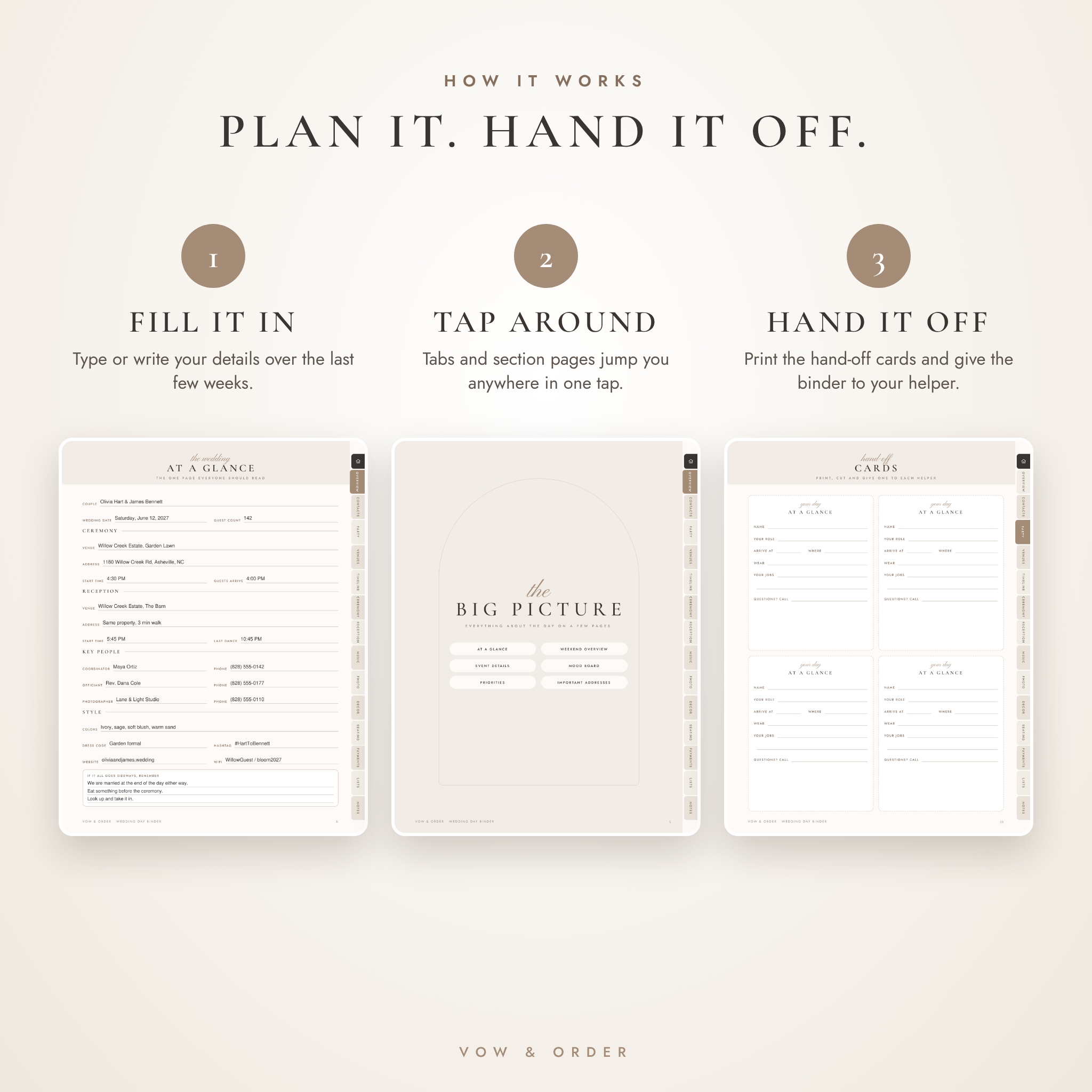 How the wedding day binder works: fill it in, tap the tabs, hand it off
