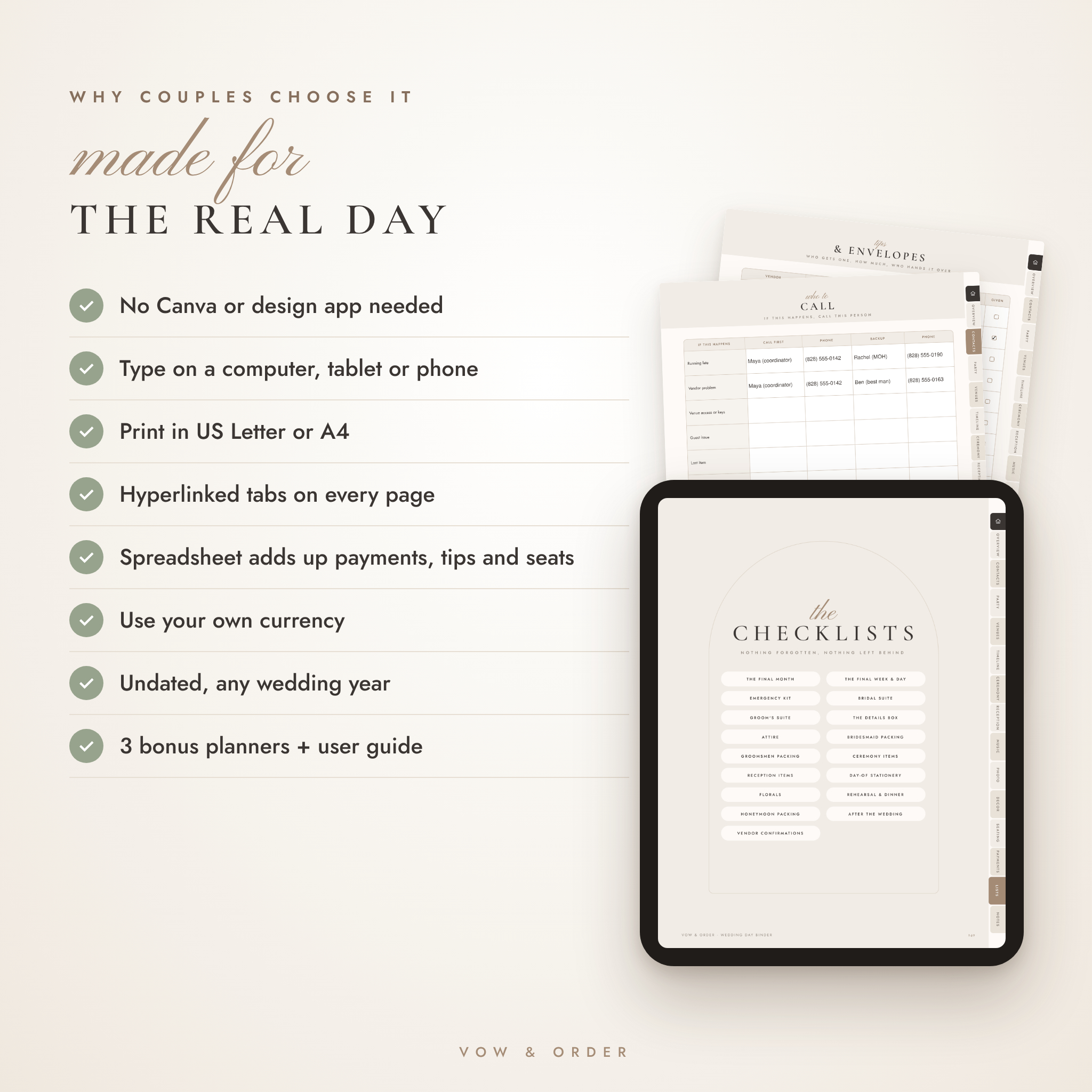 Why couples choose the Vow and Order wedding day binder: no Canva needed, US Letter and A4, currency setting
