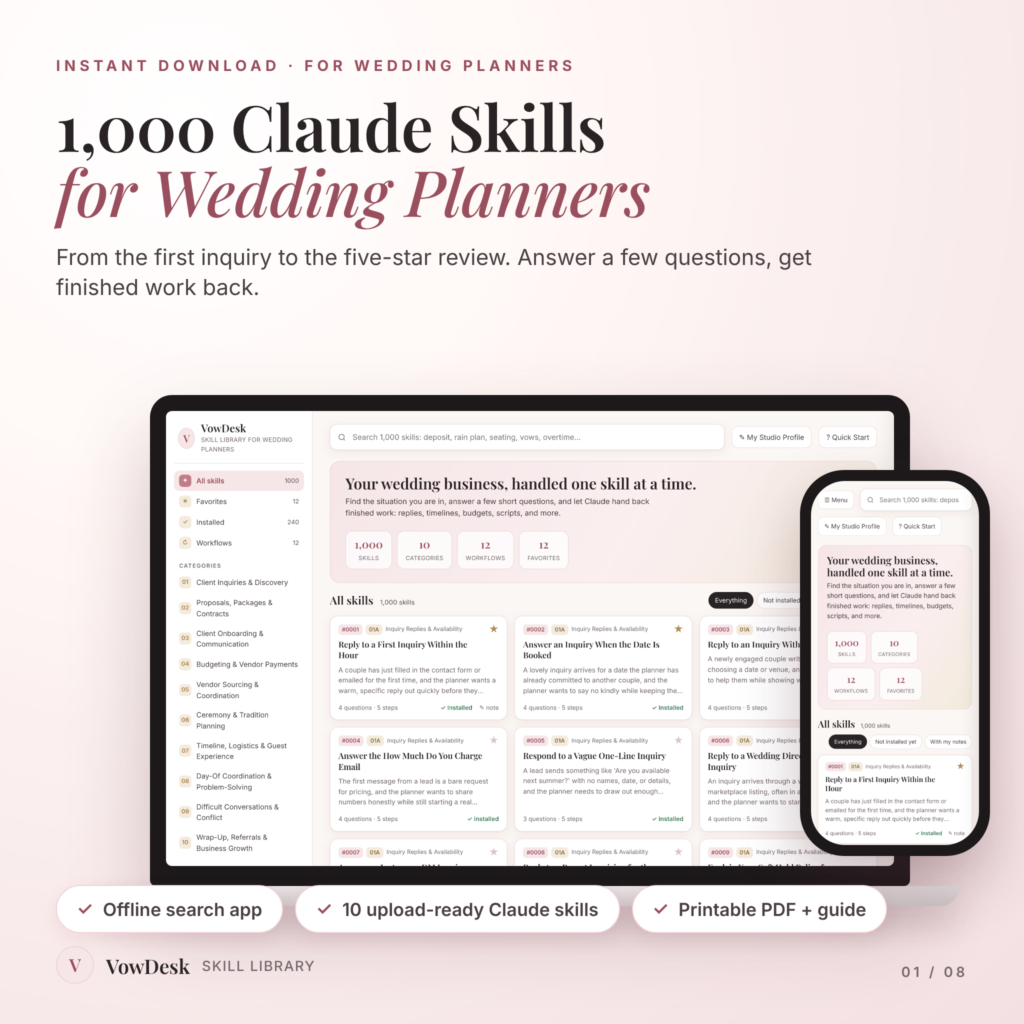 VowDesk 1000 Claude skills for wedding planners shown in the offline app on a laptop and phone
