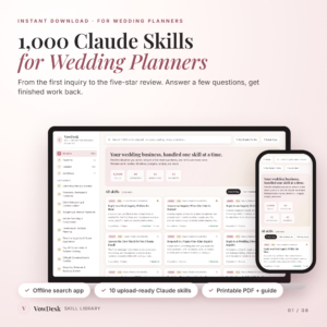 VowDesk 1000 Claude skills for wedding planners shown in the offline app on a laptop and phone