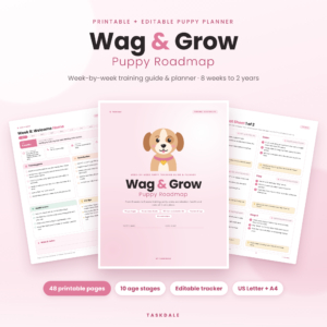 Wag & Grow Puppy Roadmap printable puppy training planner with cover, week 8 stage page and cue cheat sheet