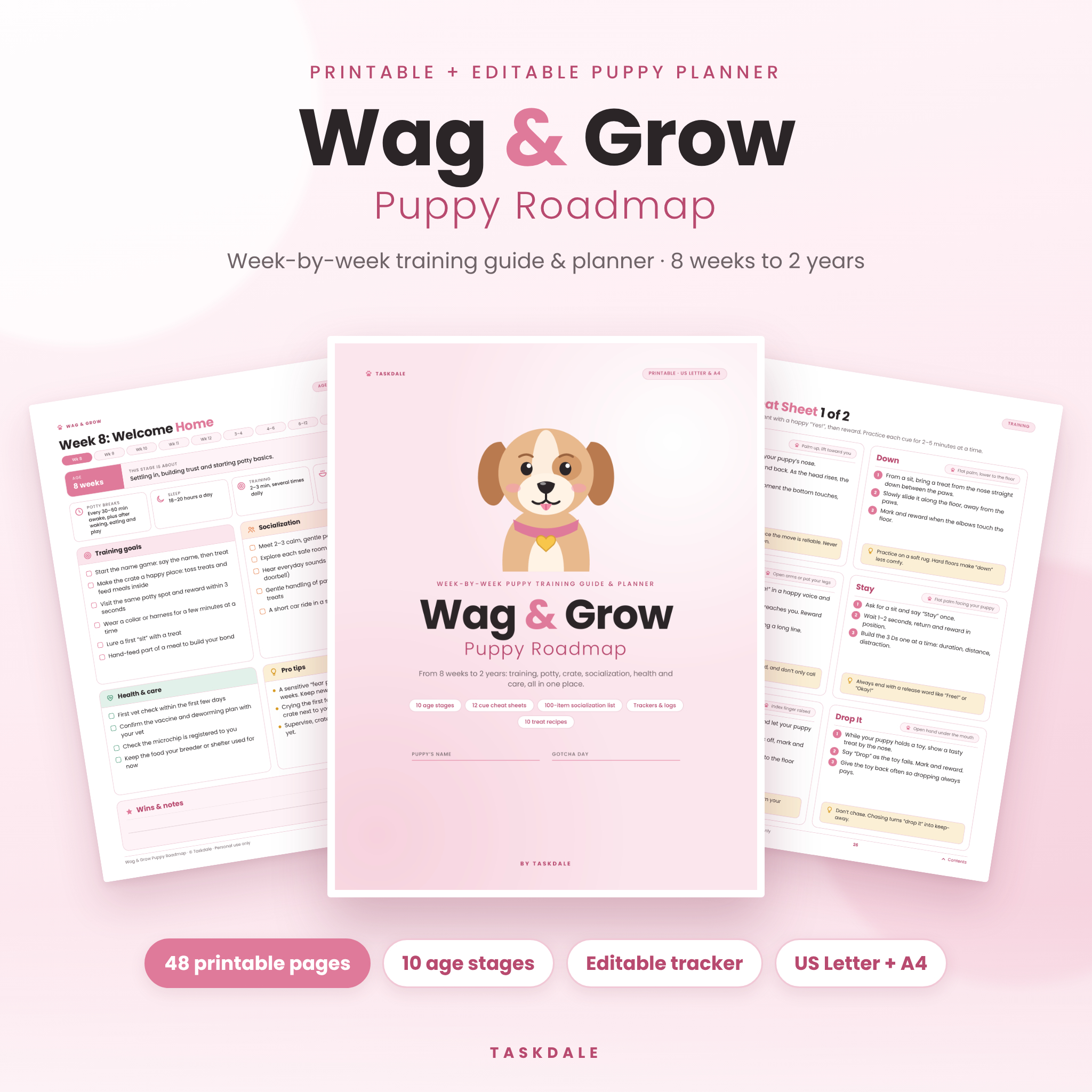 Wag & Grow Puppy Roadmap printable puppy training planner with cover, week 8 stage page and cue cheat sheet