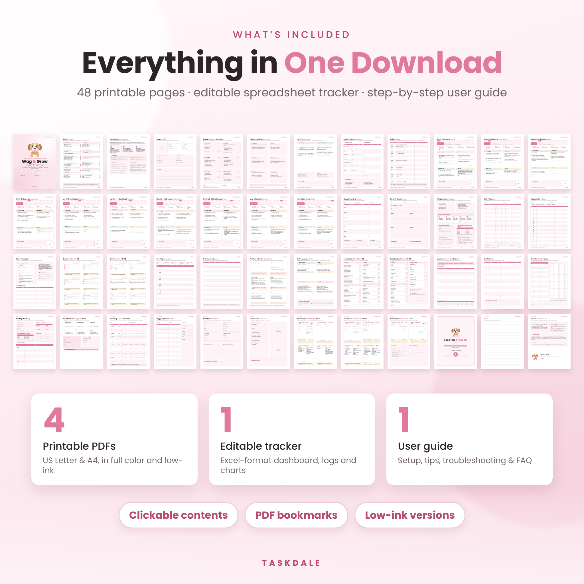 What is included: 48 printable pages, 4 PDFs in US Letter and A4, editable puppy tracker spreadsheet and user guide