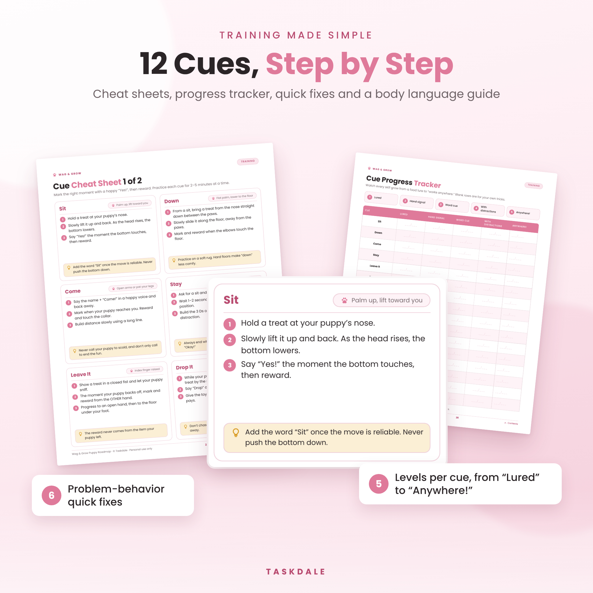 Dog training cue cheat sheets with step-by-step instructions for sit, down, come, stay and cue progress tracker