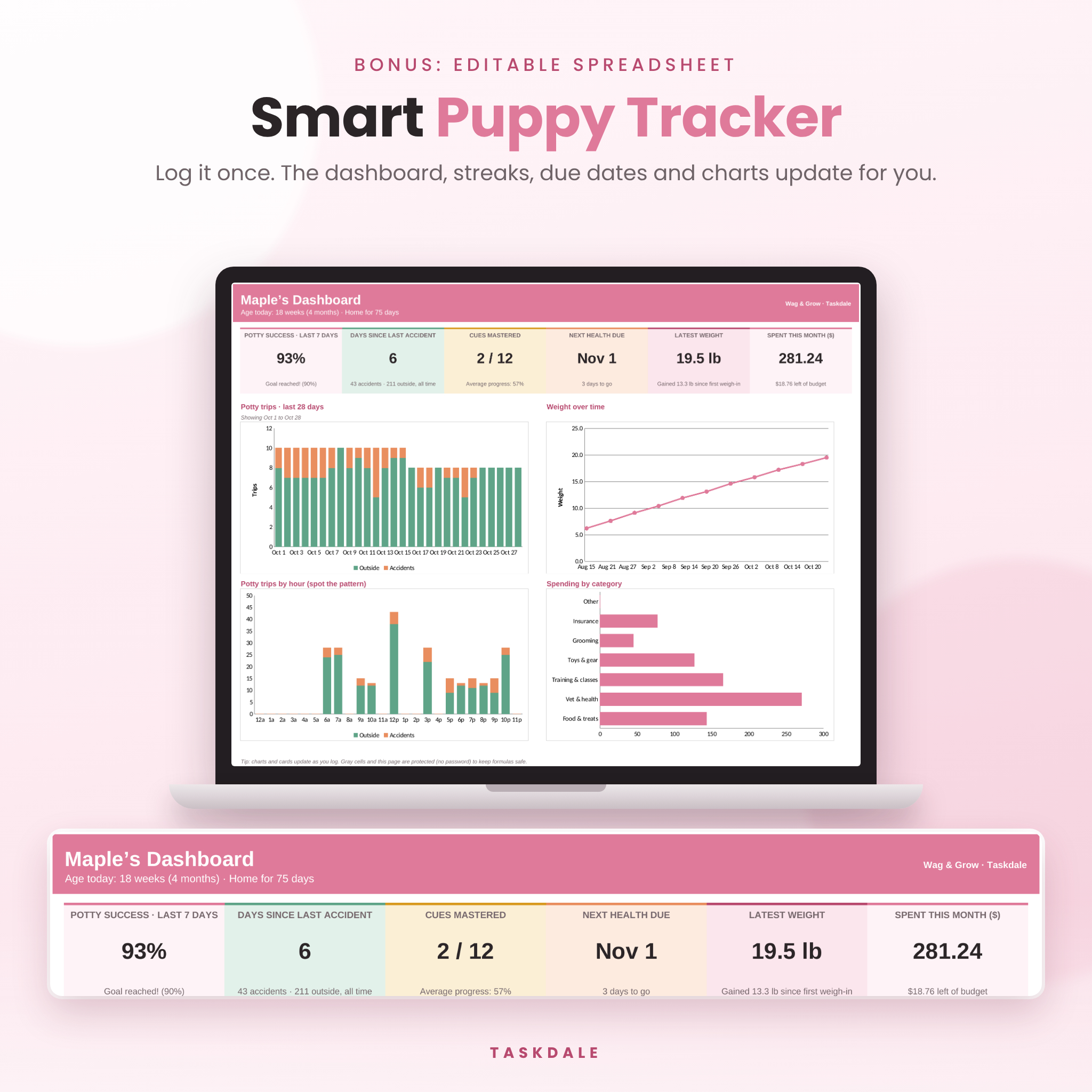 Puppy tracker spreadsheet dashboard with potty success rate, days since last accident, next vaccine due and charts