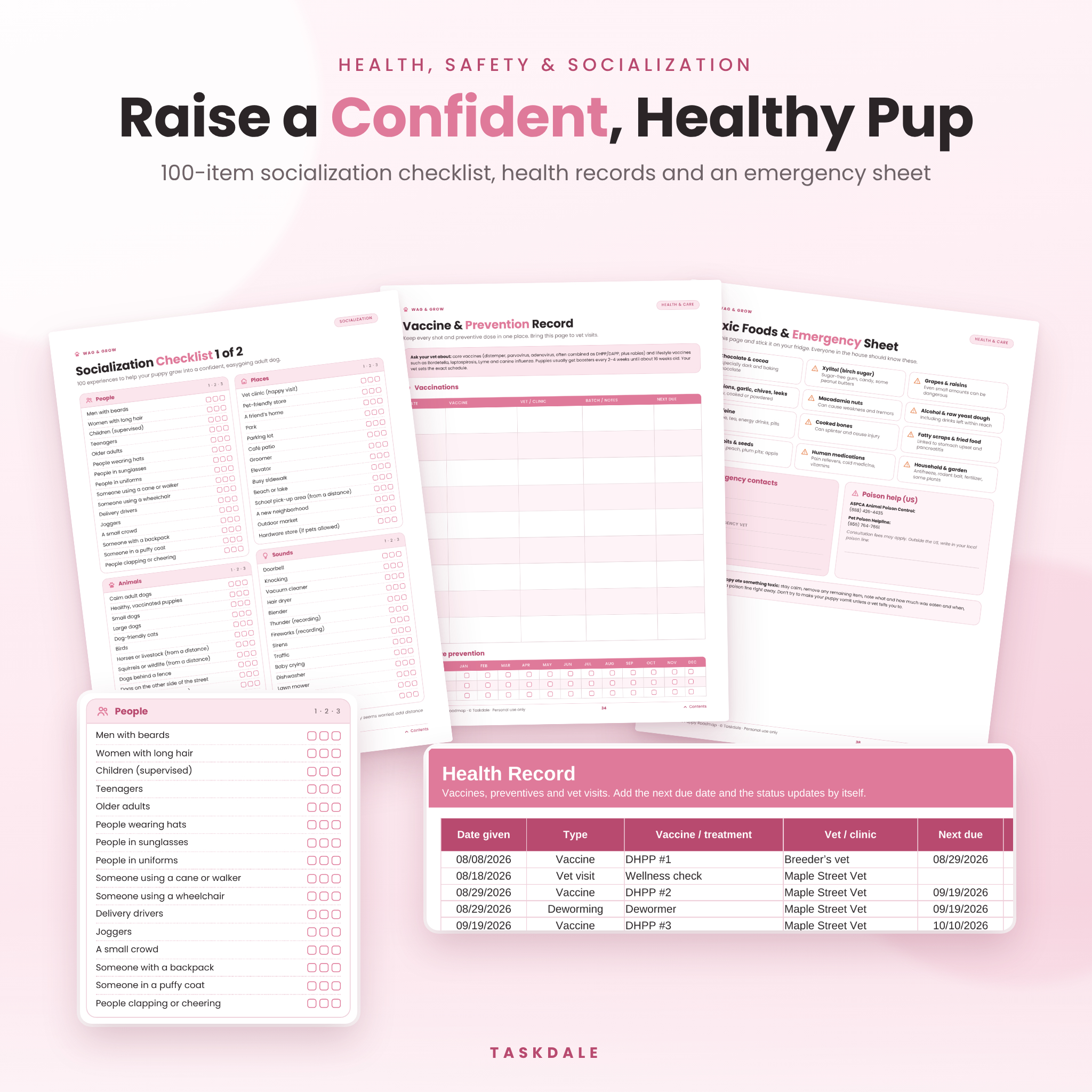 Puppy socialization checklist, vaccine and prevention record and toxic foods emergency sheet