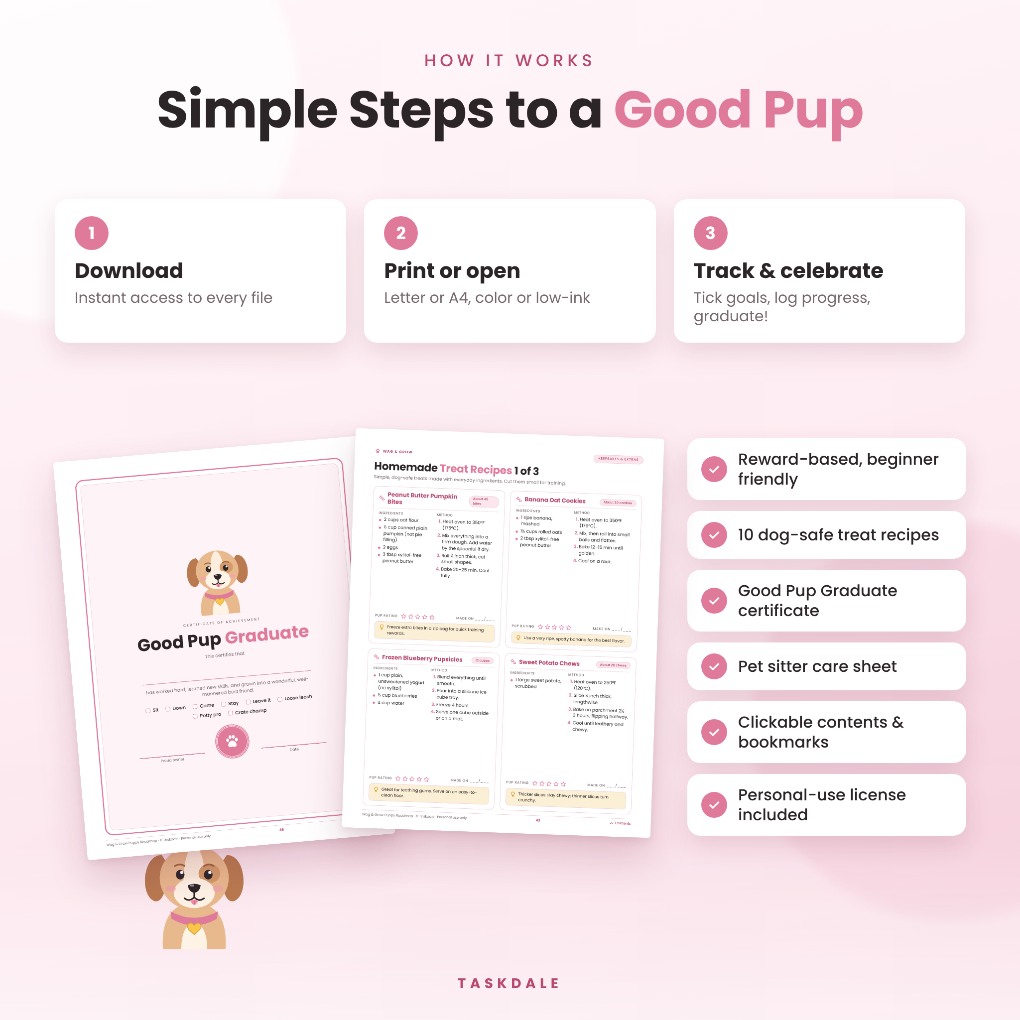 How it works: download, print or open, track and celebrate, with treat recipes and Good Pup Graduate certificate