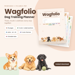 Wagfolio Dog Training Planner printable and fillable PDF cover with puppy illustrations