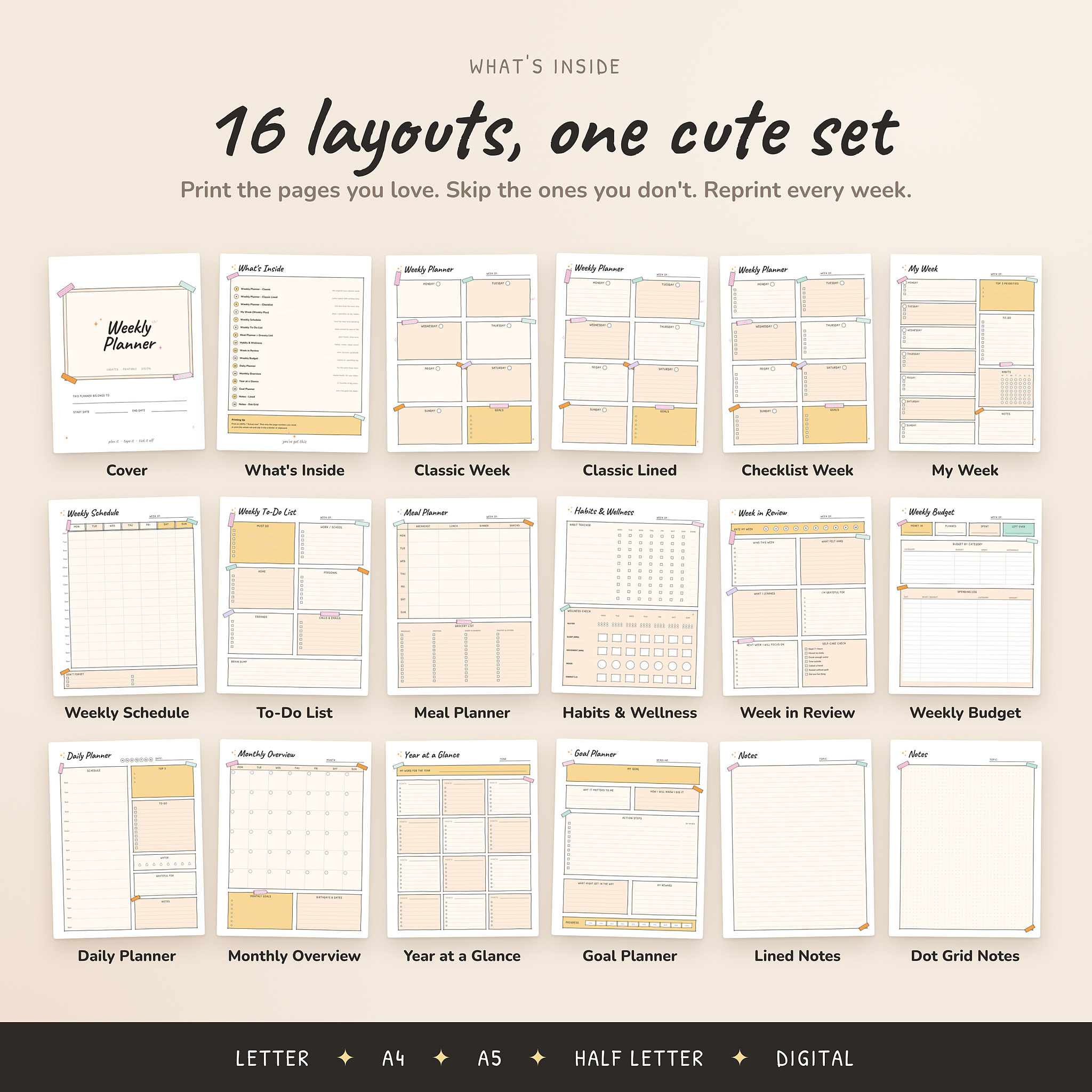 All 18 pages of the undated weekly planner set