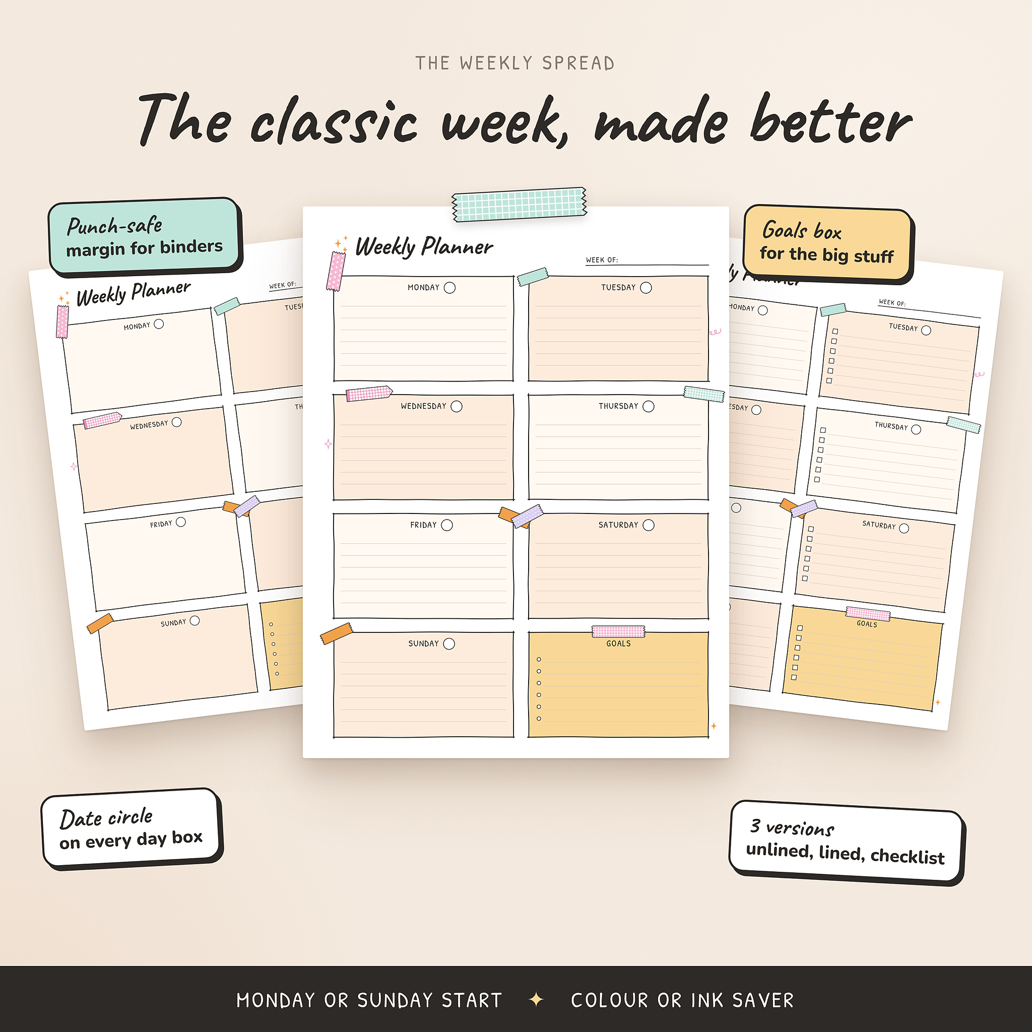Classic weekly planner in unlined, lined and checklist versions