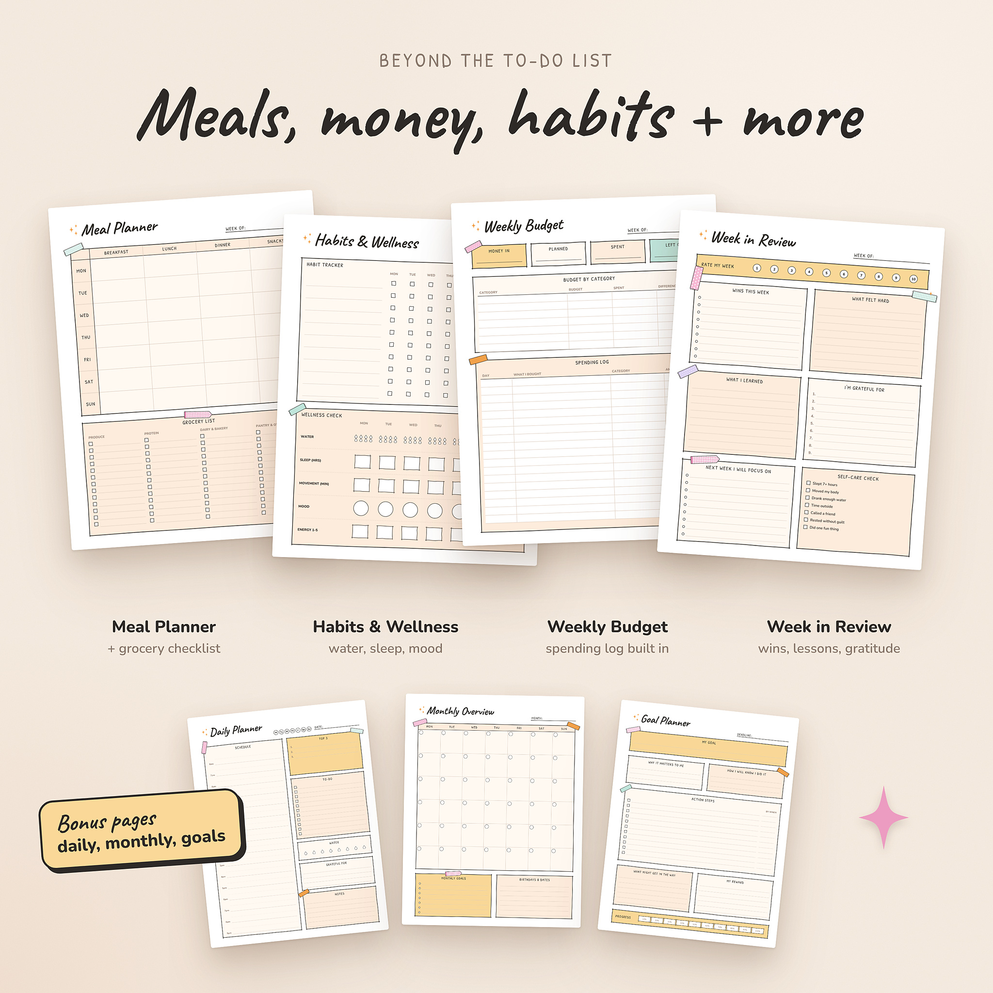 Meal planner, habit tracker, weekly budget and week in review pages