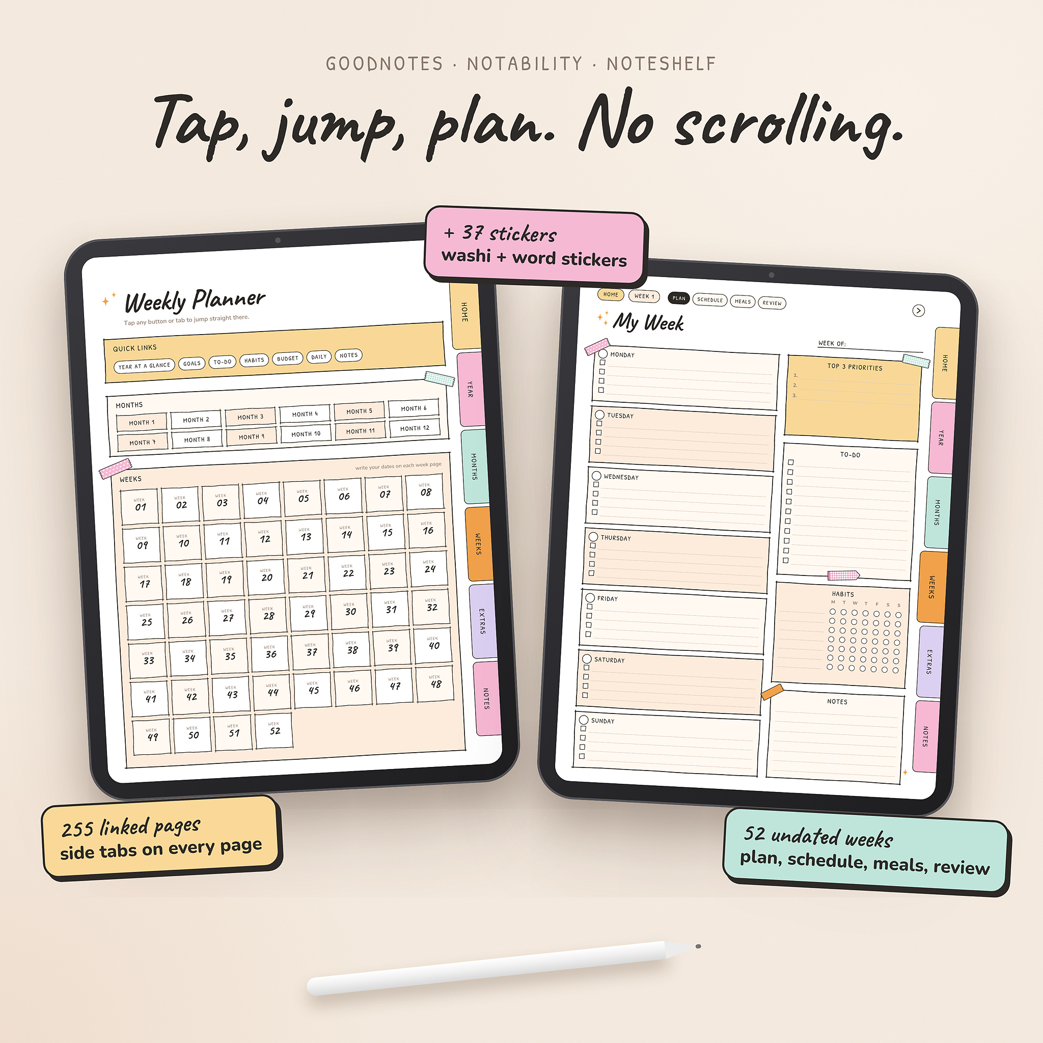 Hyperlinked GoodNotes digital weekly planner on iPad