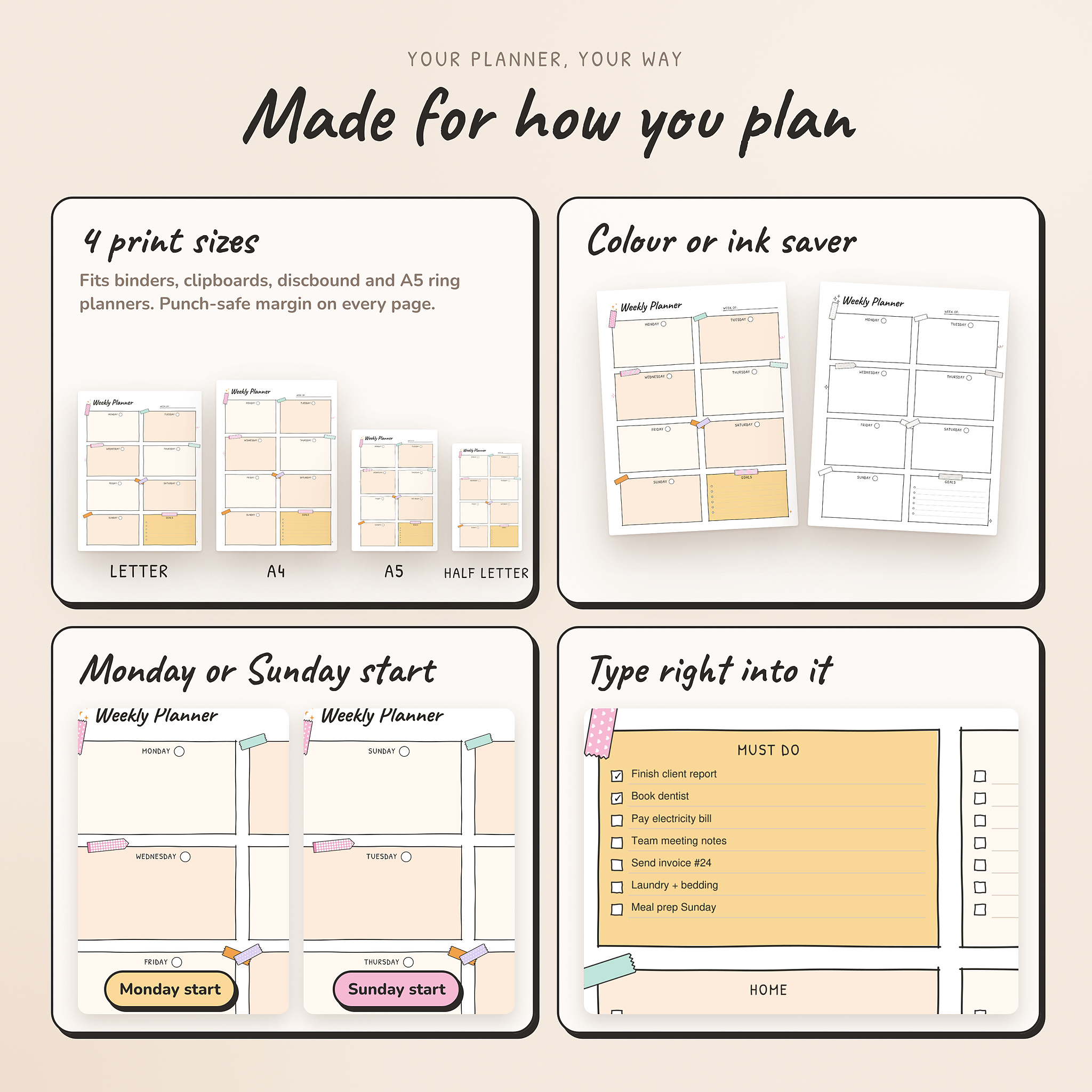 Four print sizes, colour and ink saver, Monday or Sunday start, fillable PDF