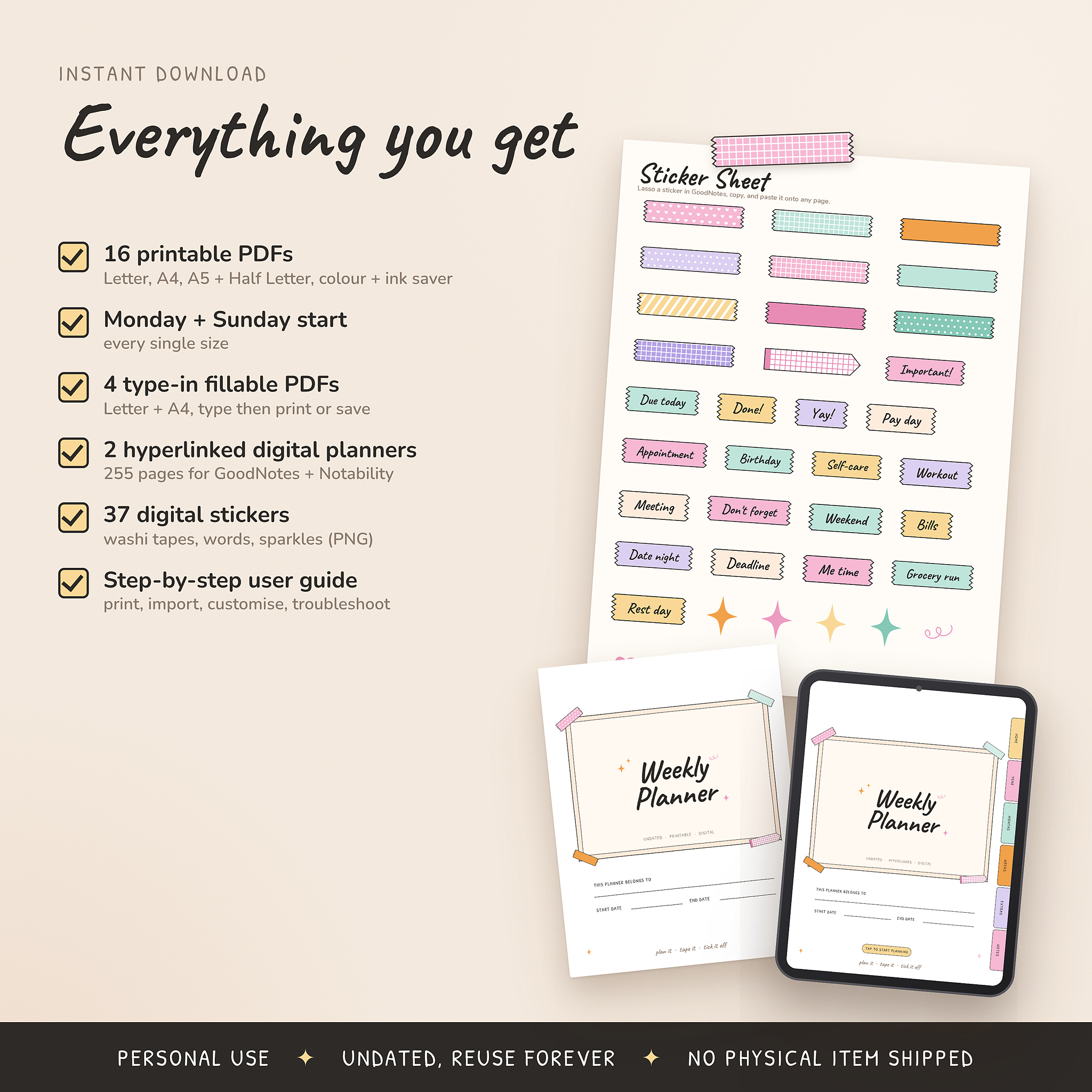 Everything included in the weekly planner download with digital stickers
