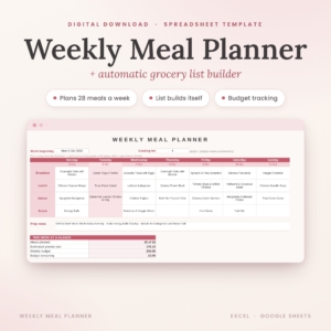 Weekly Meal Planner Spreadsheet with Automatic Grocery List