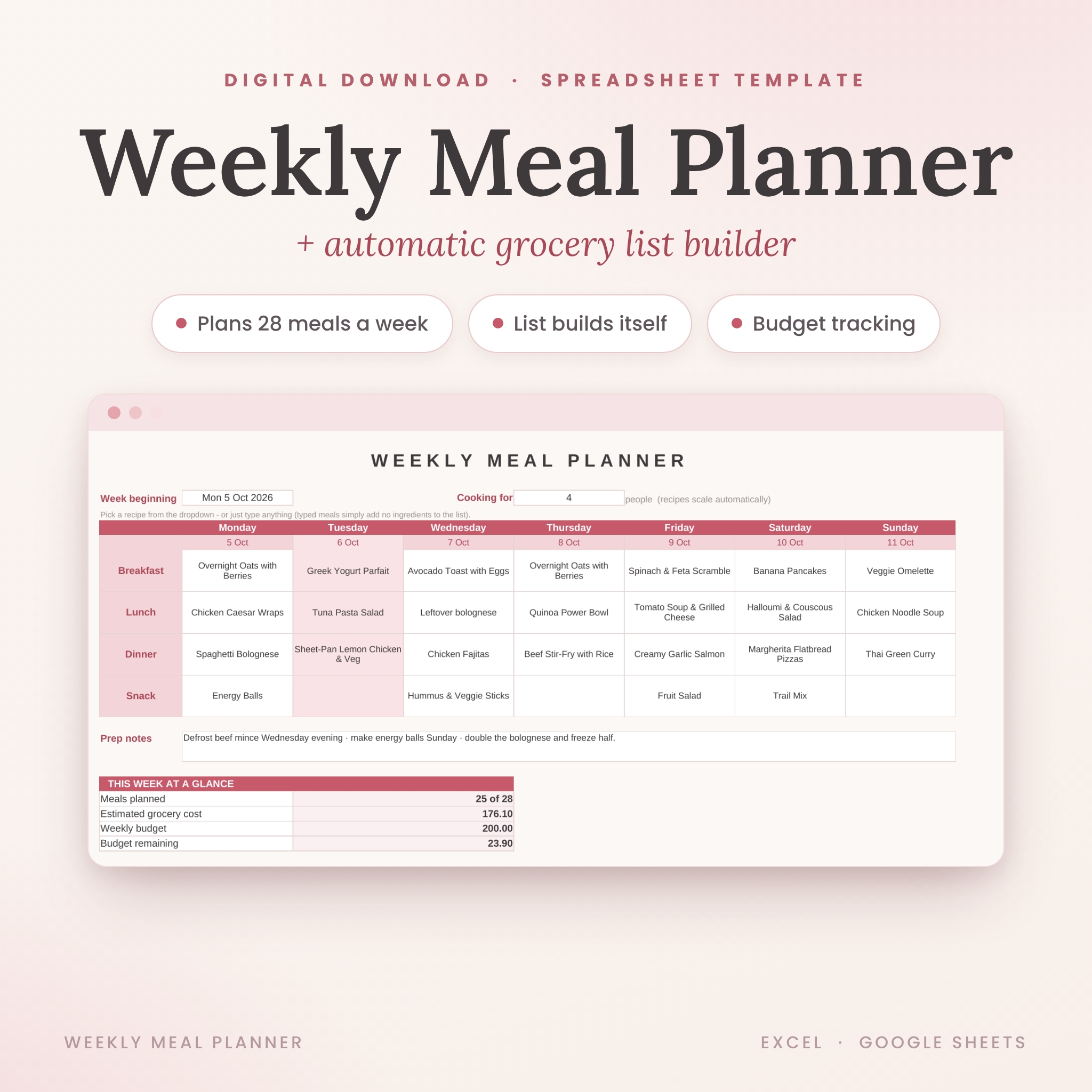 Weekly Meal Planner Spreadsheet with Automatic Grocery List