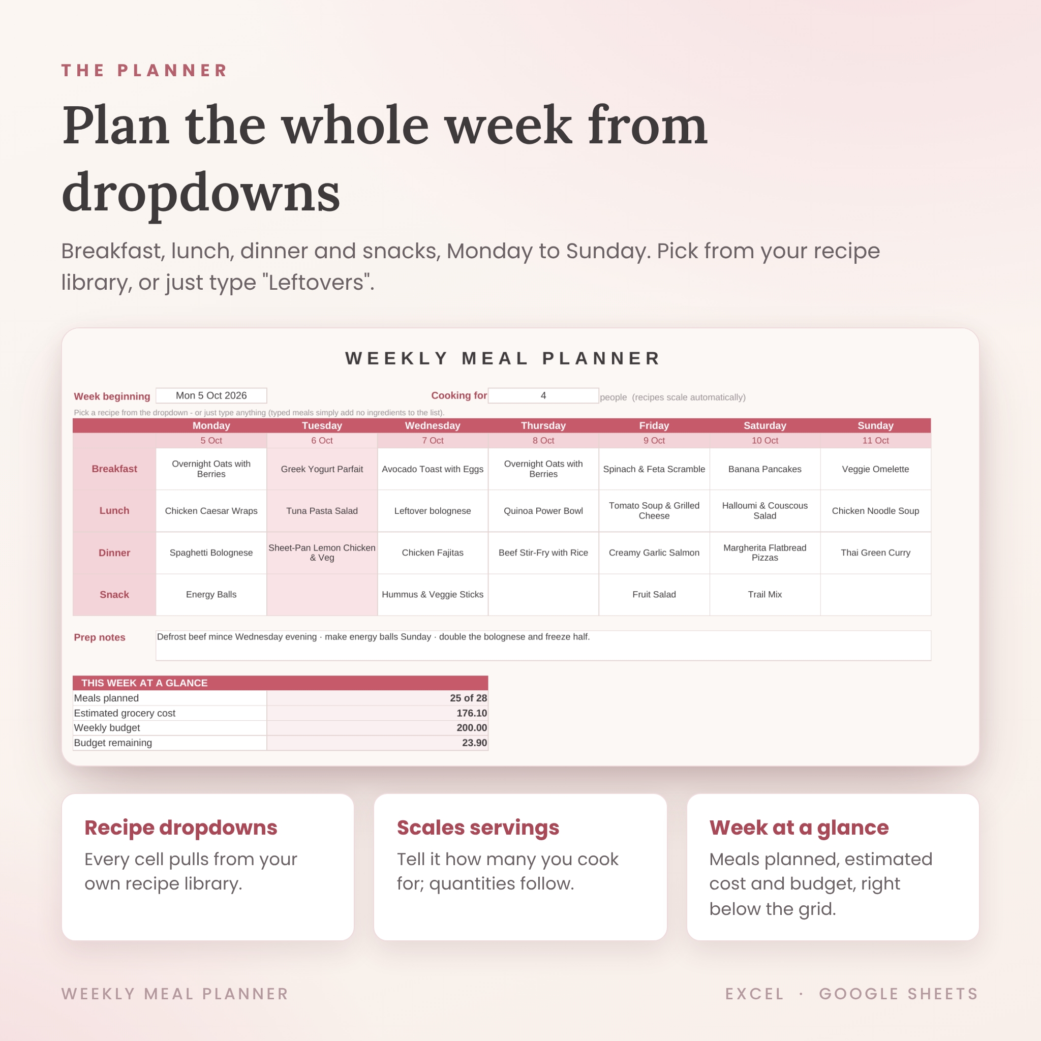 Weekly Meal Planner Spreadsheet with Automatic Grocery List - preview 3