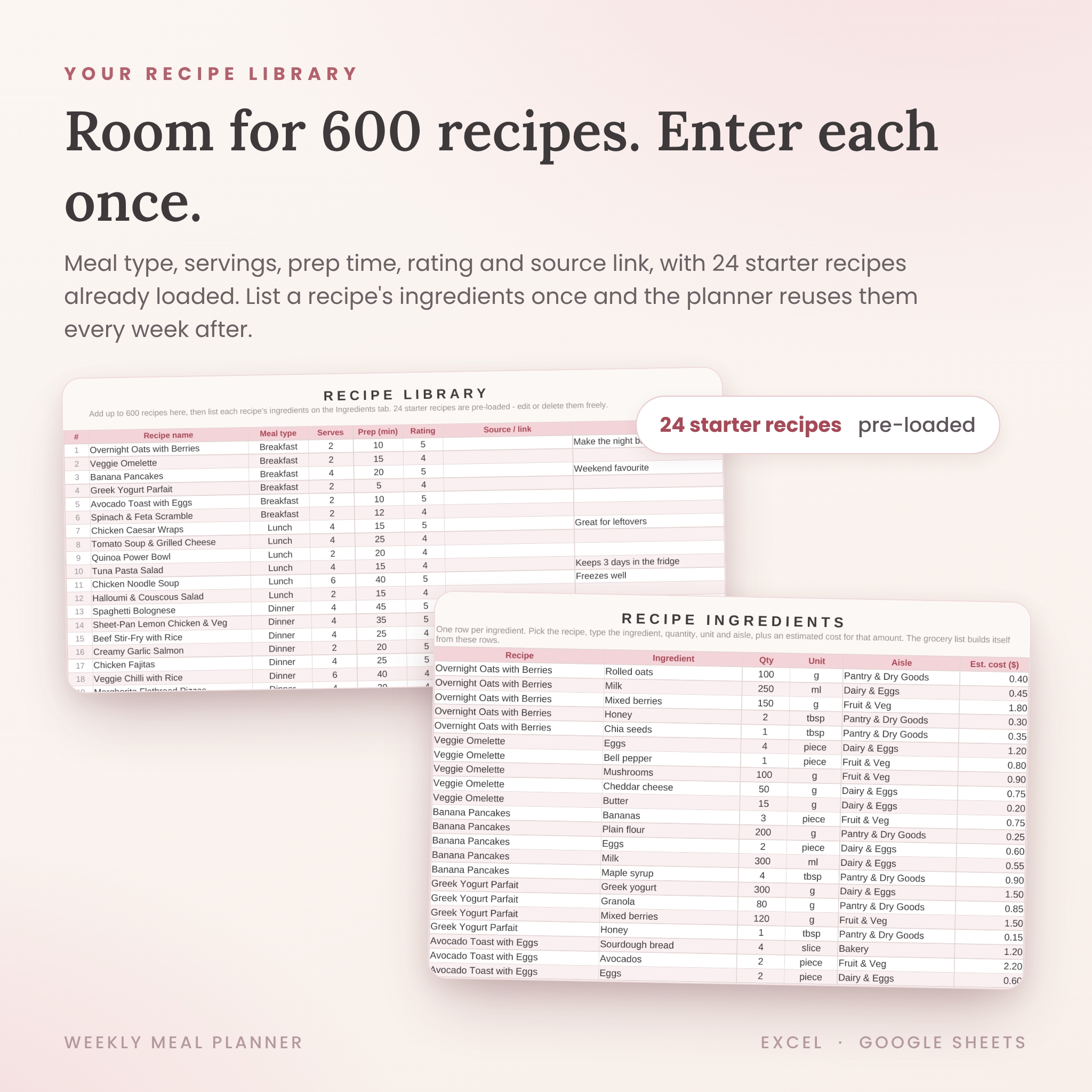 Weekly Meal Planner Spreadsheet with Automatic Grocery List - preview 6