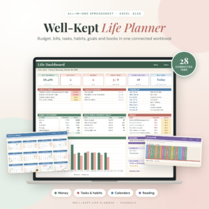 Well-Kept Life Planner spreadsheet with the Life Dashboard on a laptop, plus Year at a Glance and Bookshelf pages