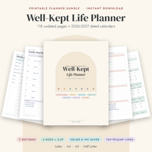 Well-Kept Life Planner printable planner bundle cover with filled sample pages