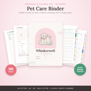Whiskerwell printable and fillable pet care binder cover with 101 pages in five paper sizes