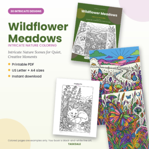 Wildflower Meadows printable intricate coloring book with 30 detailed designs