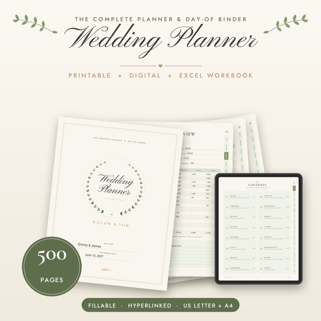 Willow and Vow wedding planner cover with digital and printable pages