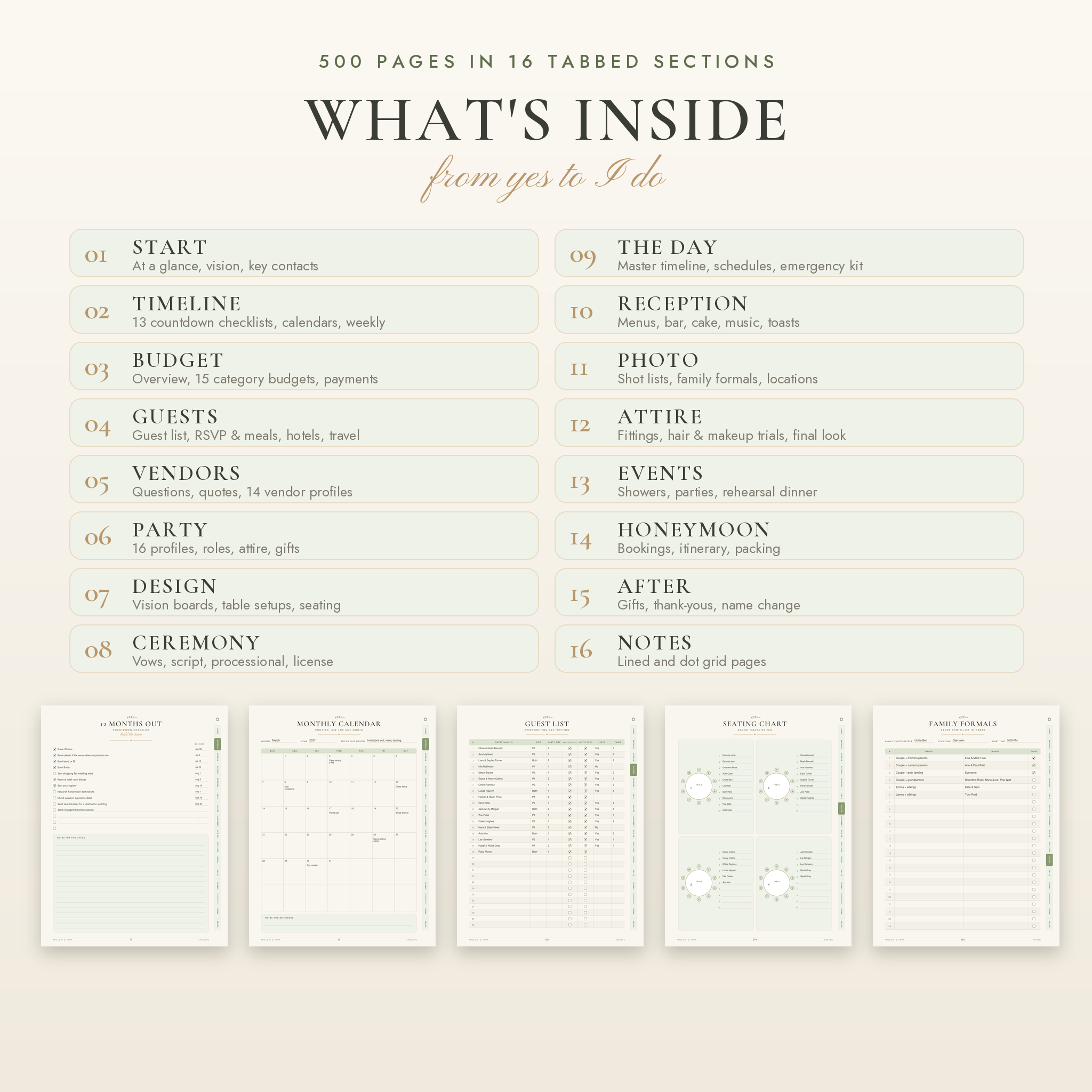 What's inside the 500 page wedding planner, 16 tabbed sections