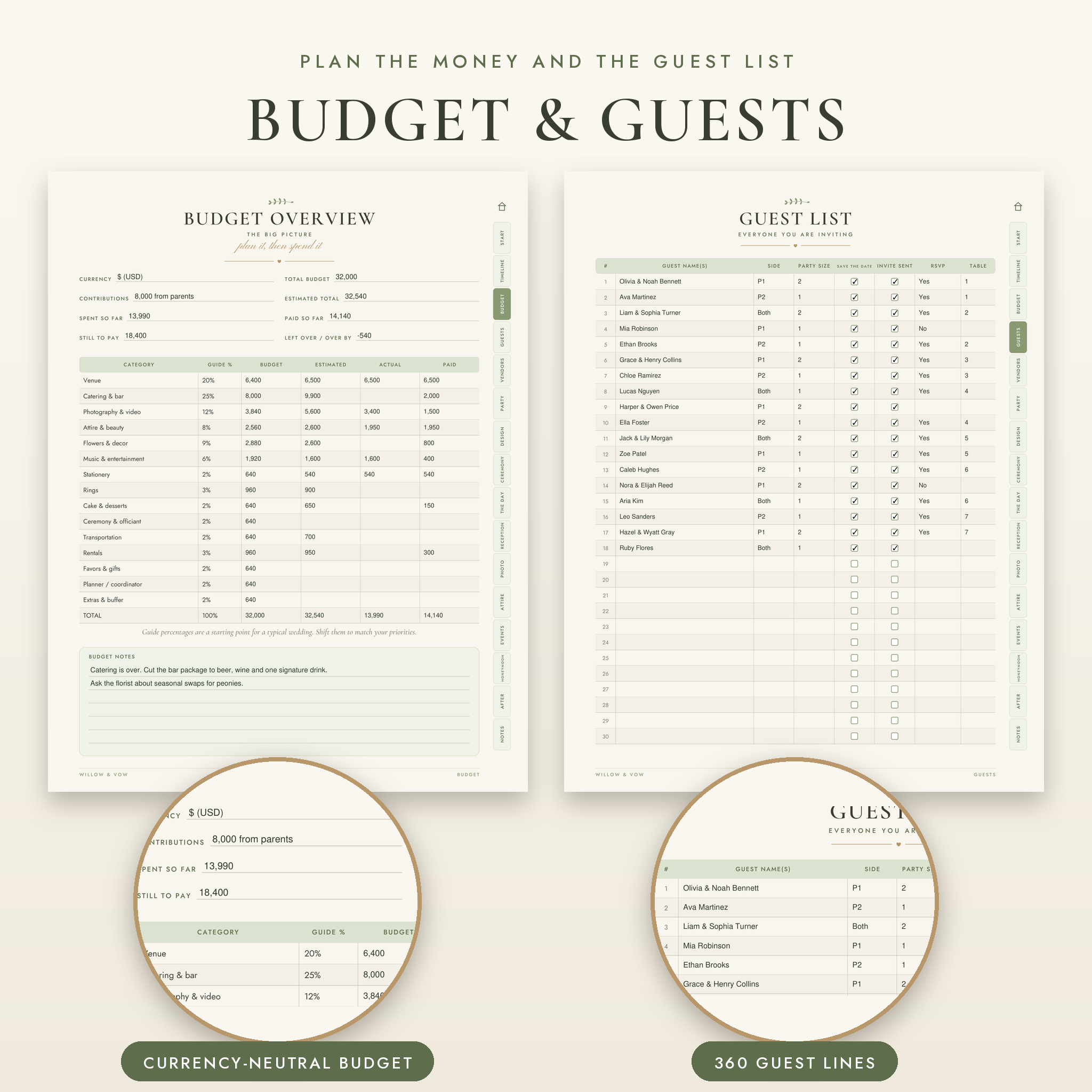 Wedding budget overview and guest list pages filled in