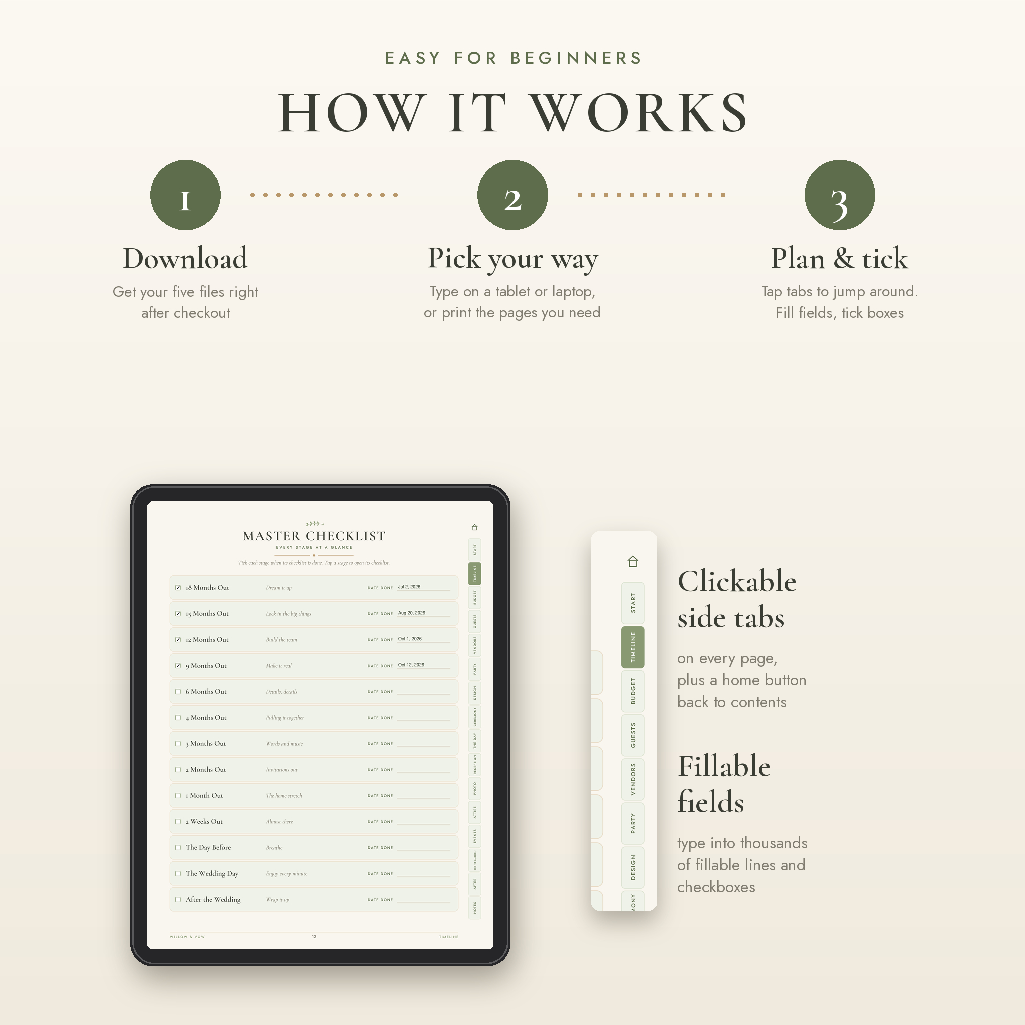 How the wedding planner works with clickable tabs and fillable fields
