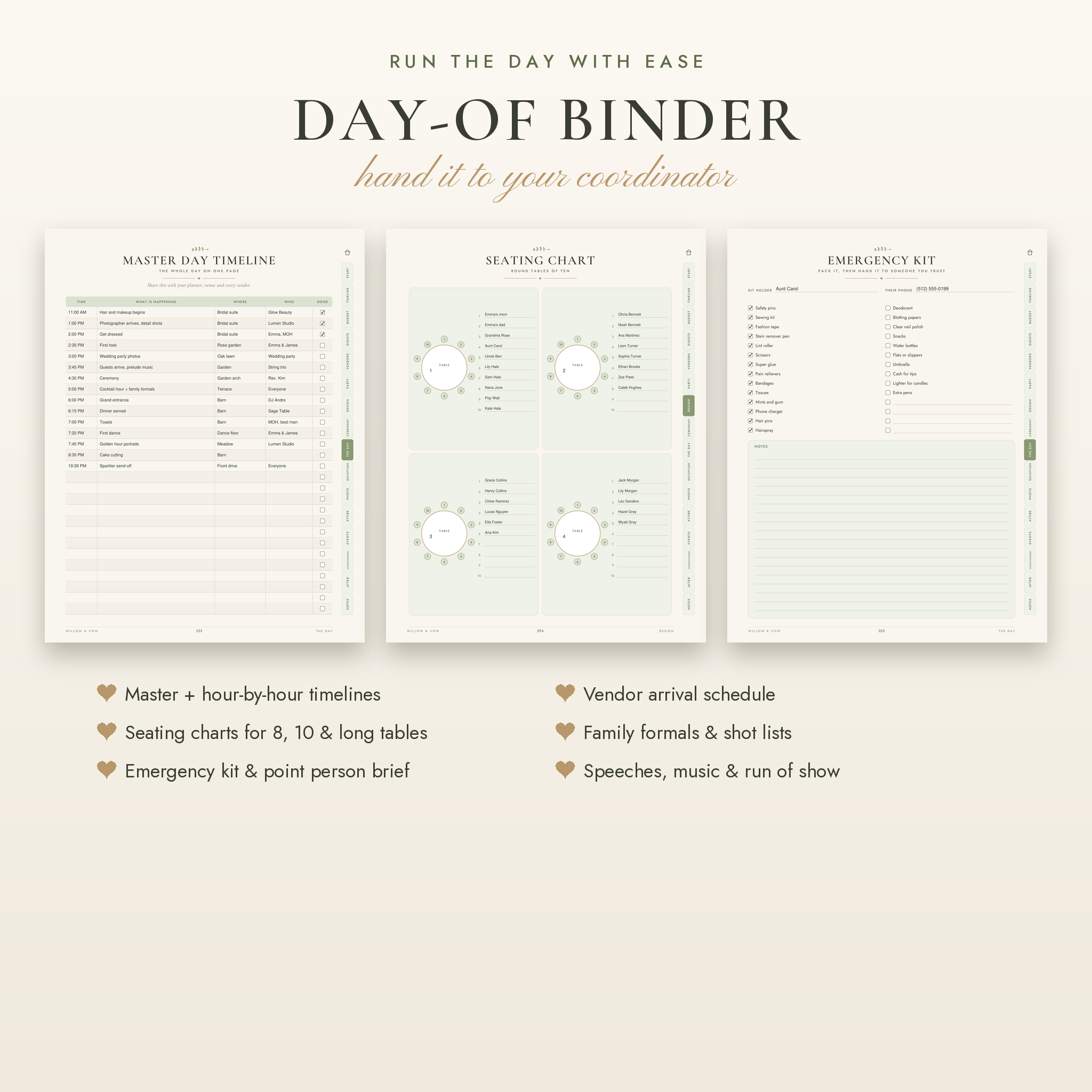 Day-of wedding binder pages: timeline, seating chart and emergency kit