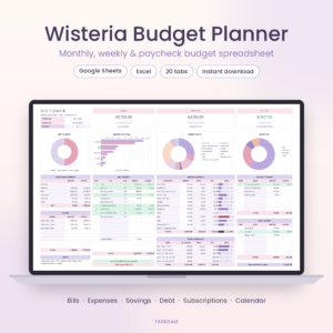 Wisteria Budget Planner spreadsheet for Google Sheets and Excel shown on a laptop