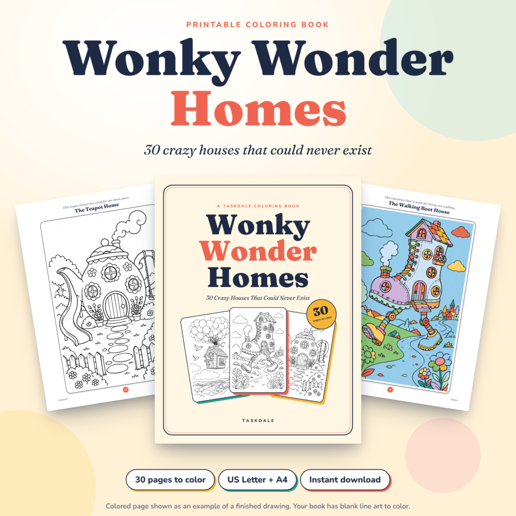 Wonky Wonder Homes printable coloring book cover with three fantasy house coloring pages